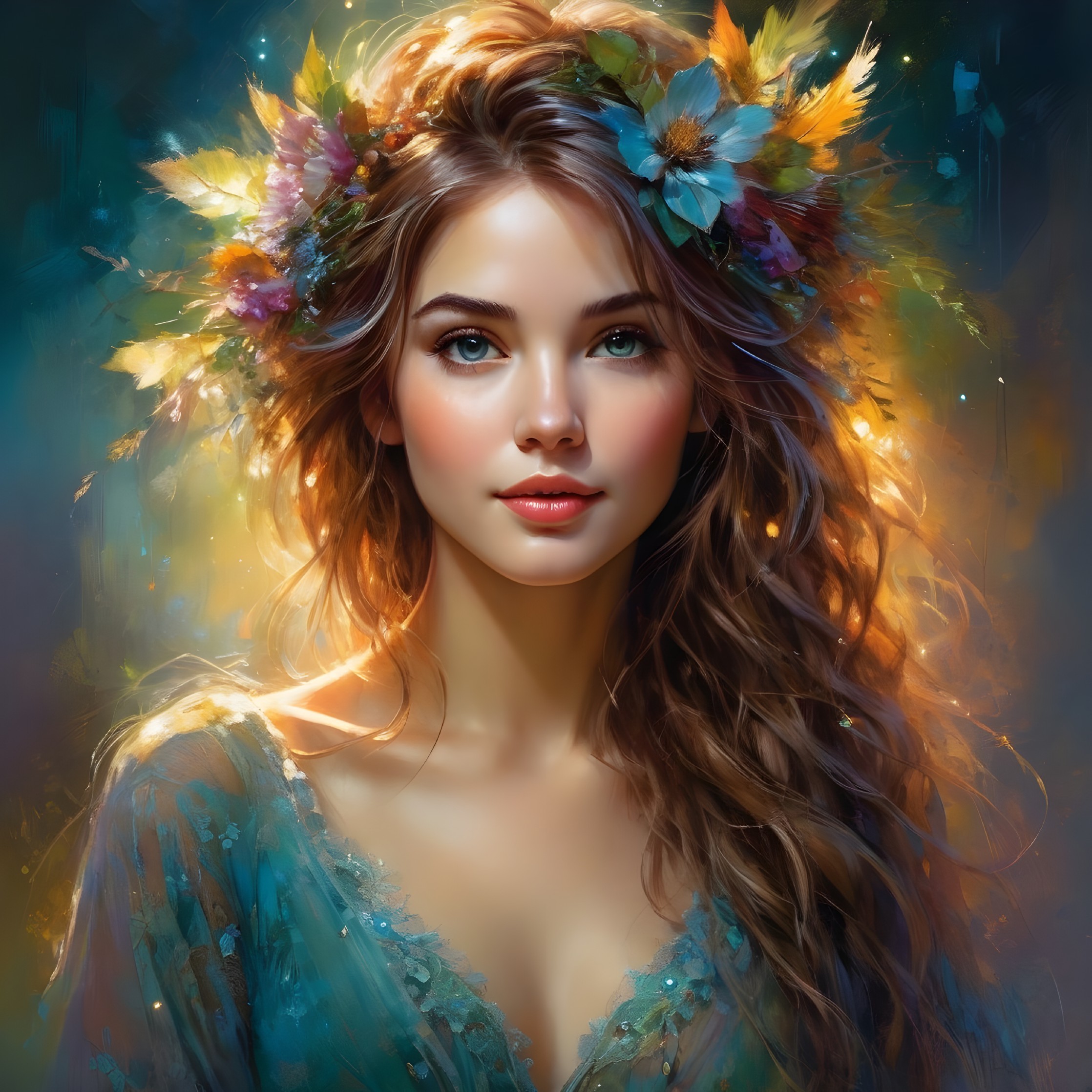 Young woman in floral crown with ethereal blue dress