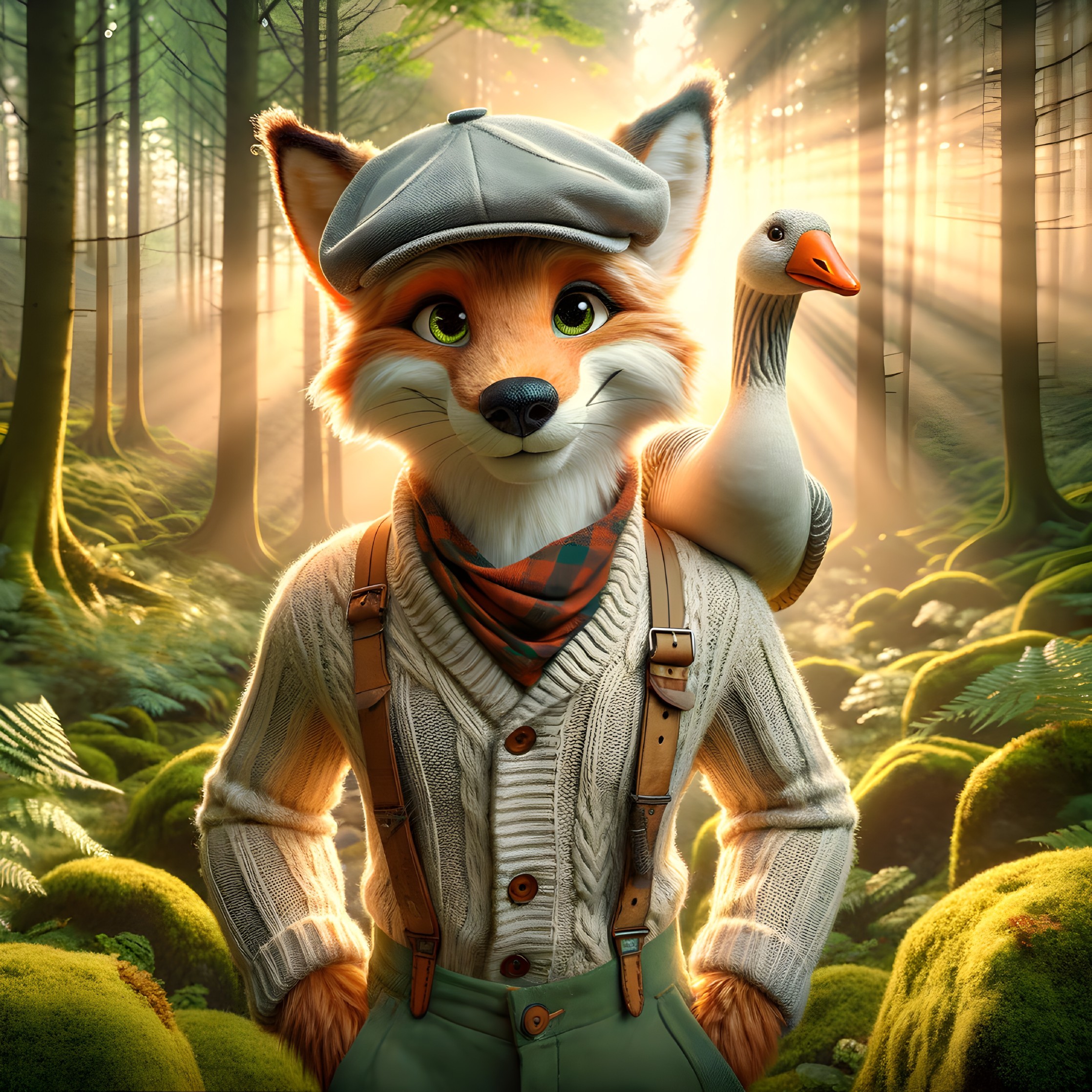 Stylish fox in sweater with goose in vibrant forest