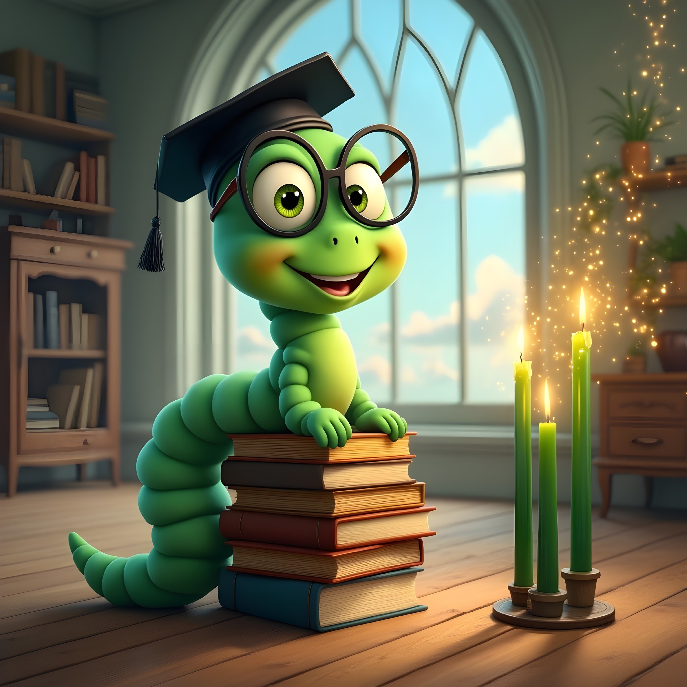 Cheerful worm in glasses atop books in cozy room