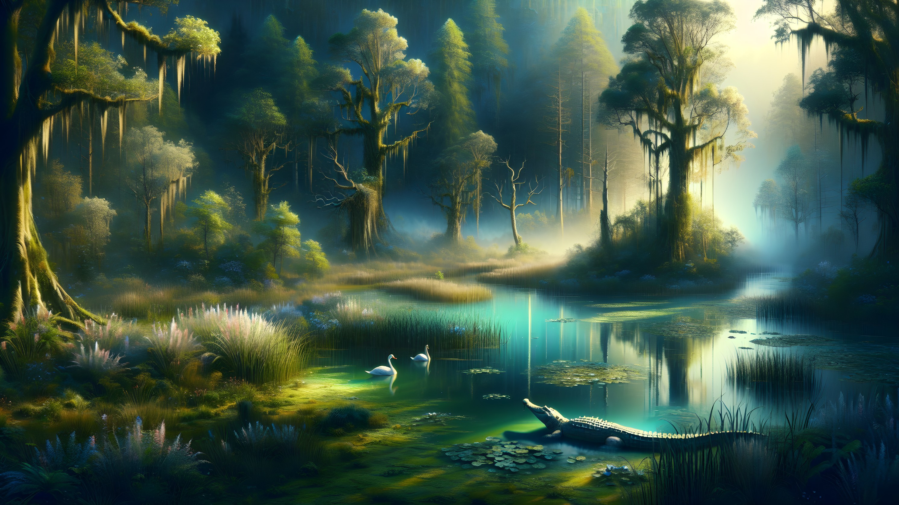 Tranquil Swamp Scene with Golden Light and Wildlife