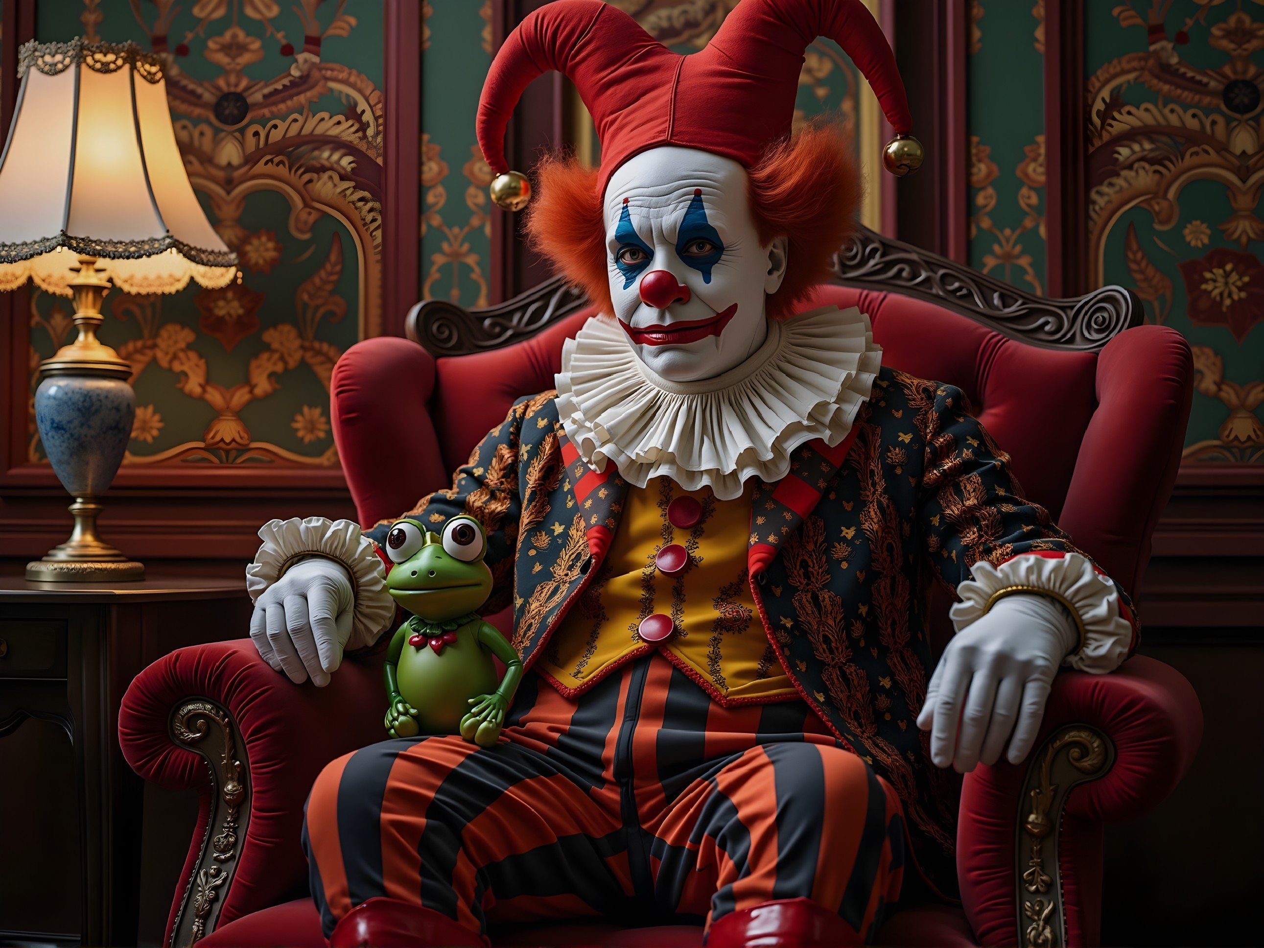 Whimsical Clown in Ornate Armchair with Frog Toy