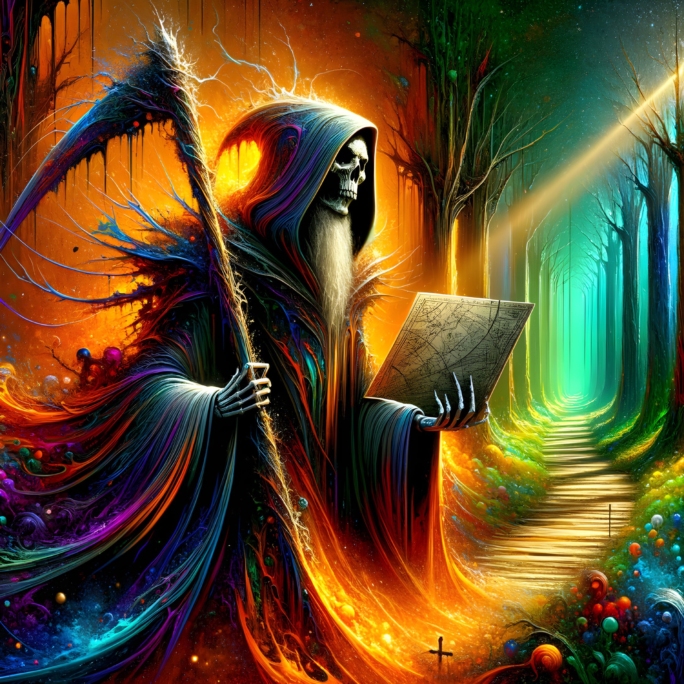 Detailed illustration: Hooded skeletal figure with scythe and book at crossroads