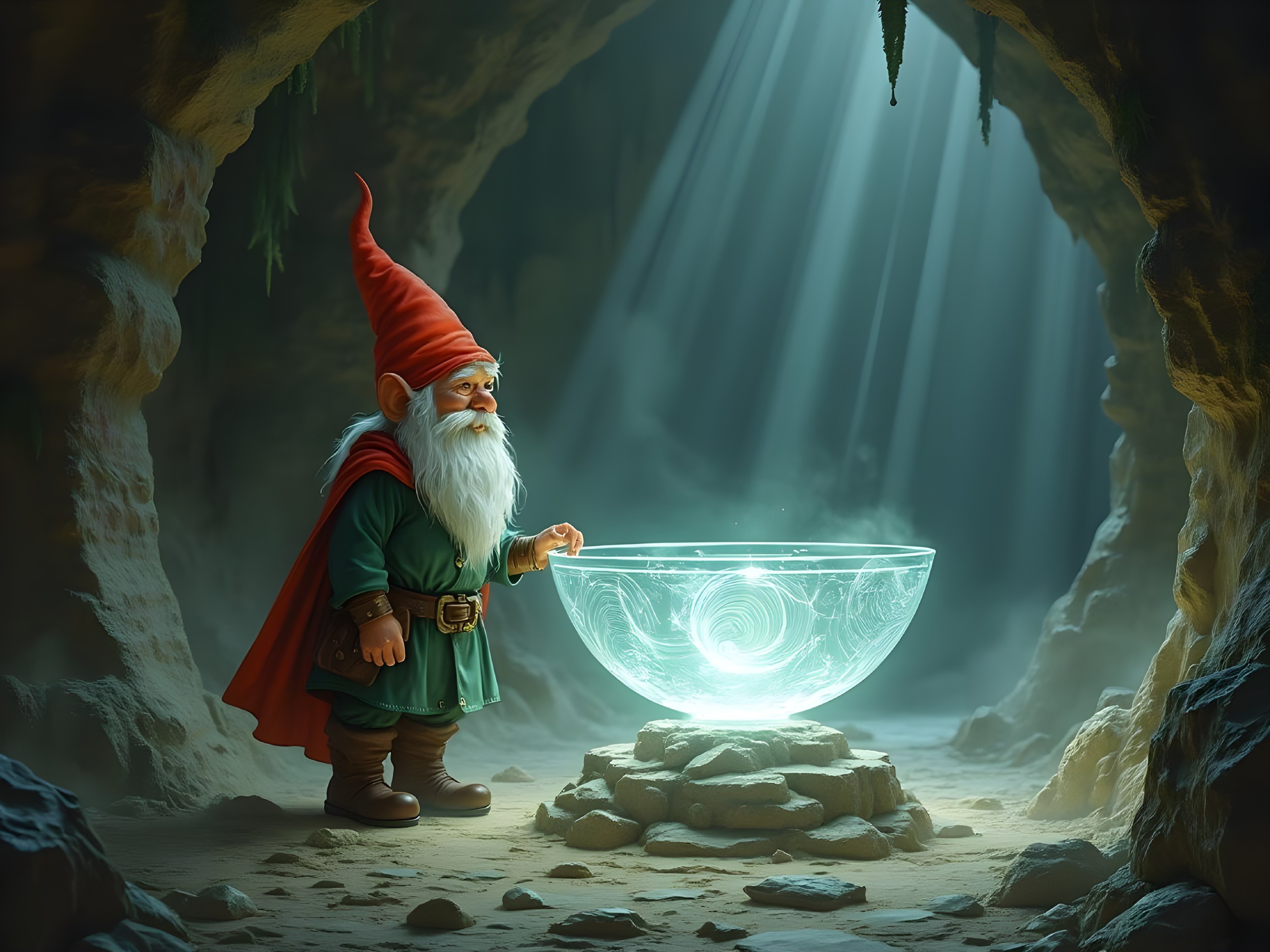Whimsical Gnome in Mystical Cave with Shimmering Light