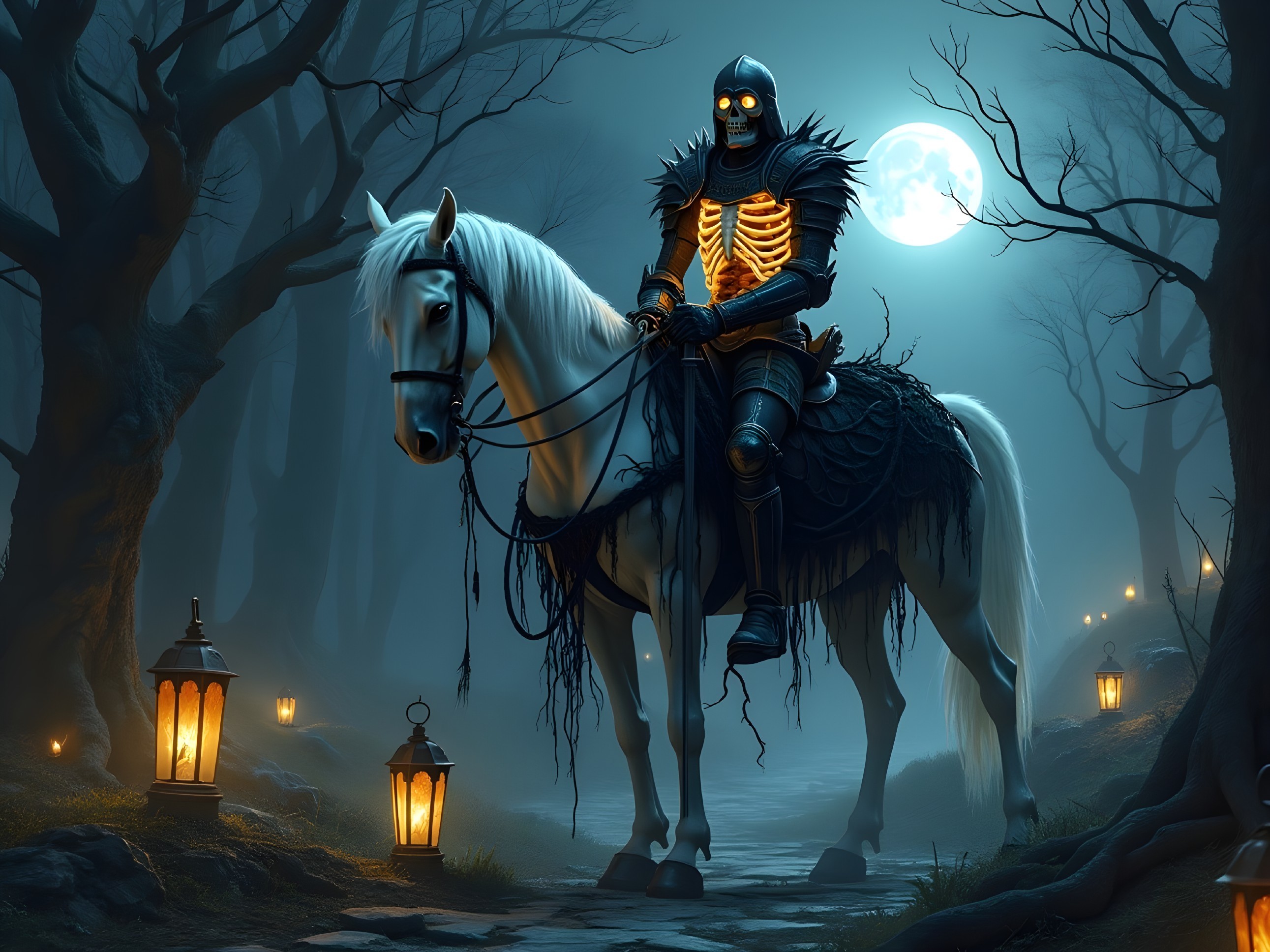Skeletal Knight on White Horse in Moonlit Forest