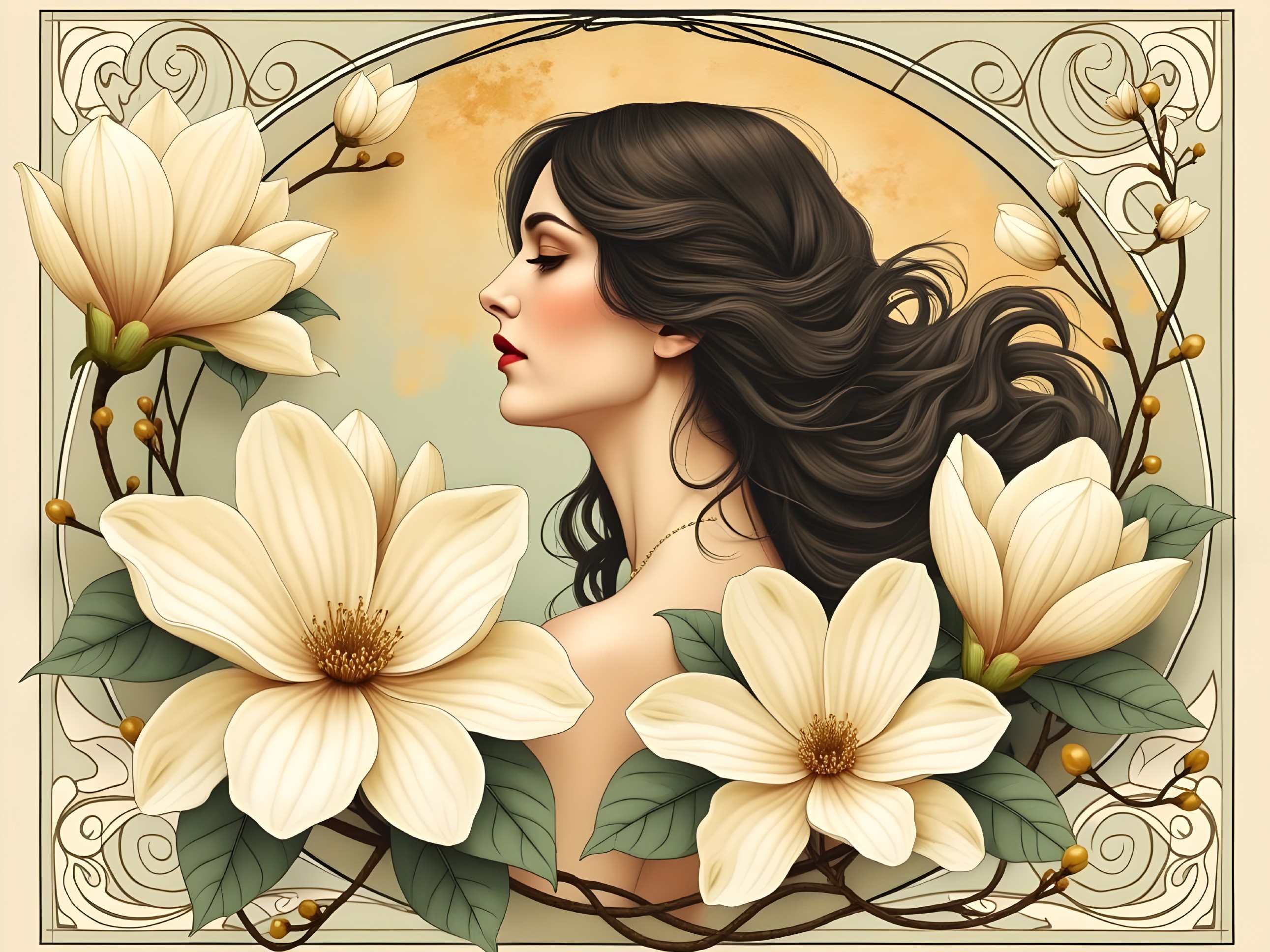 Profile of a Woman with Magnolia Flowers and Vines