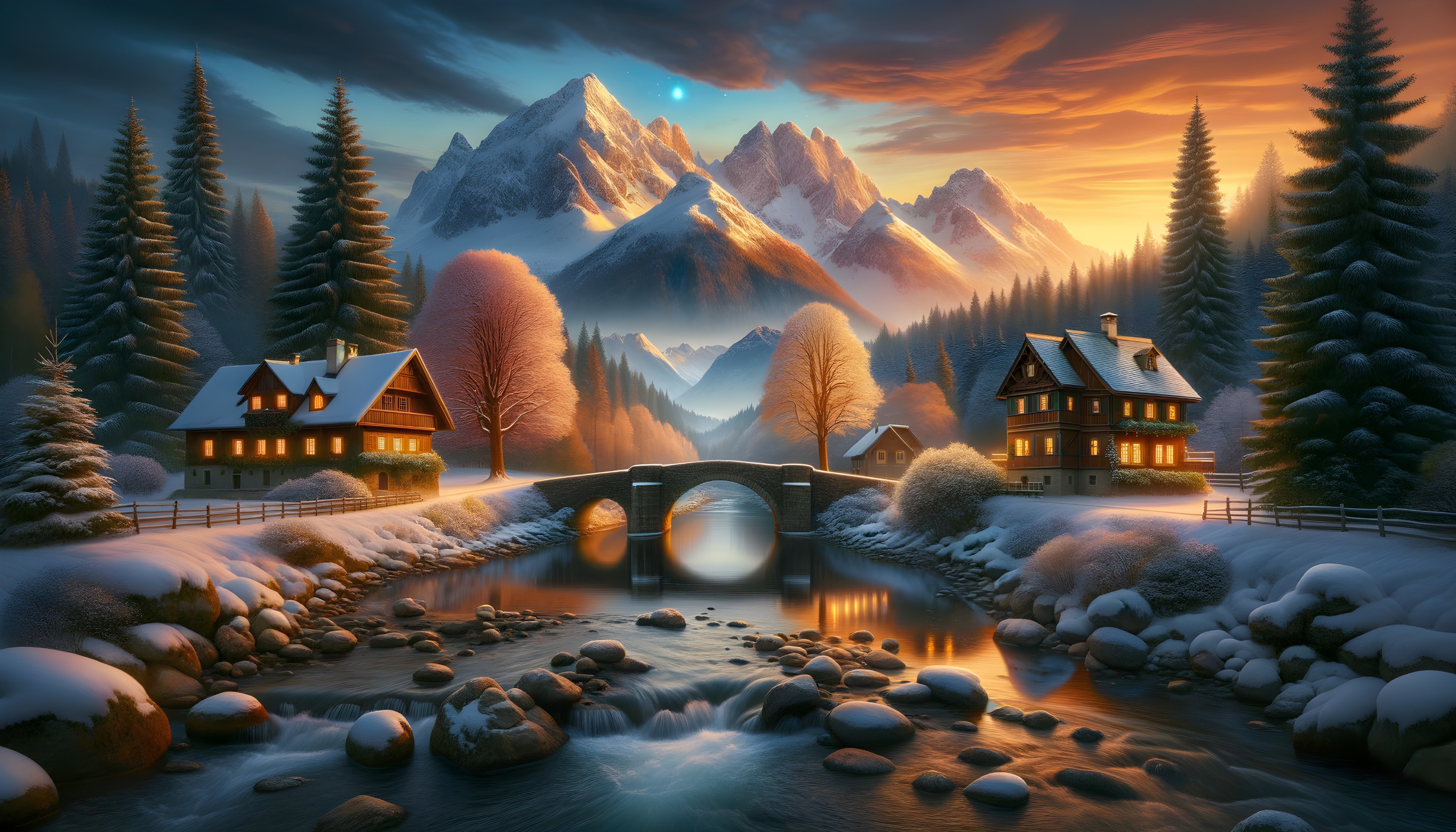 Serene Winter Landscape with Mountains and Cottages