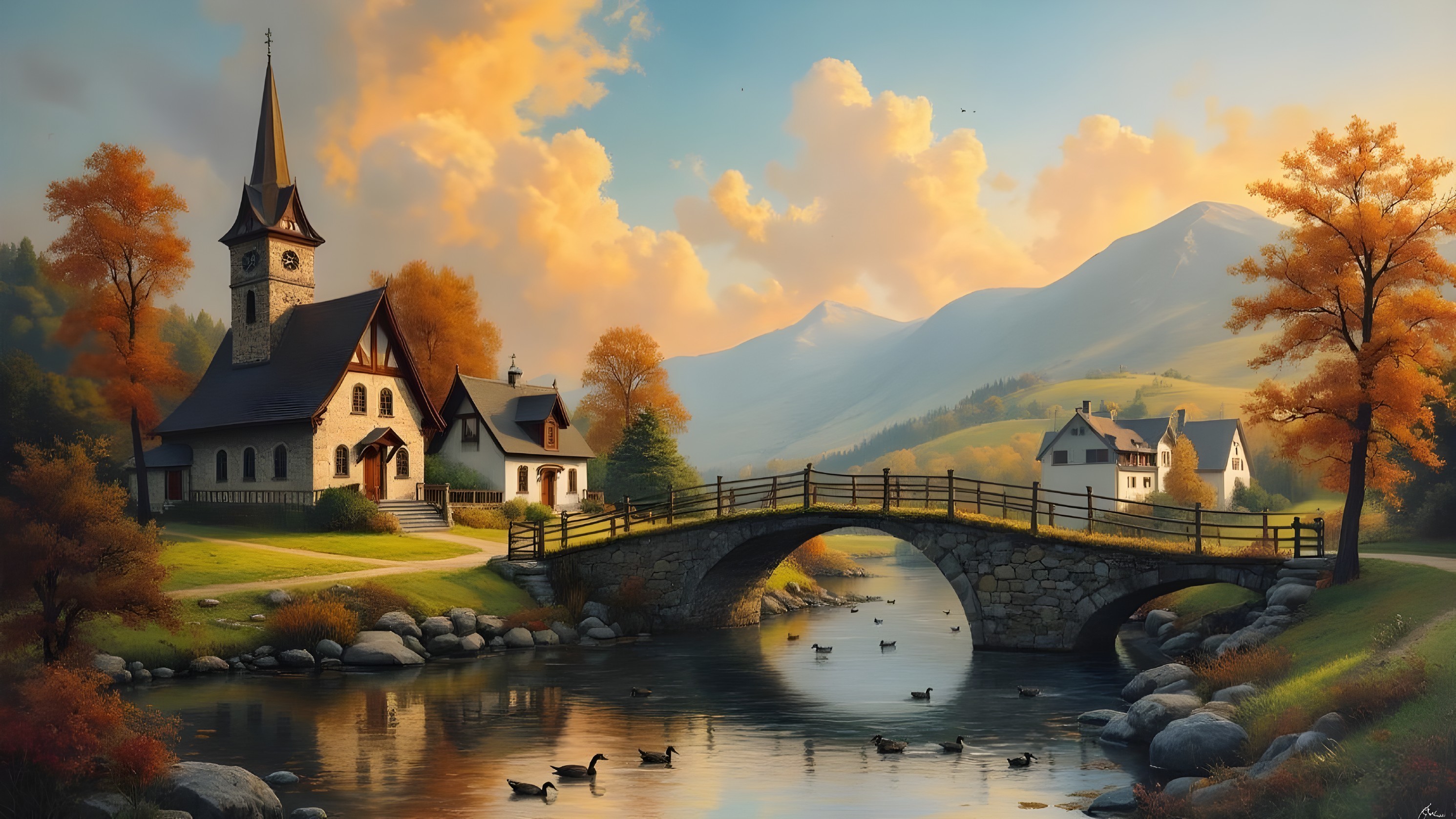 Quaint Church by Serene River in Autumn Landscape