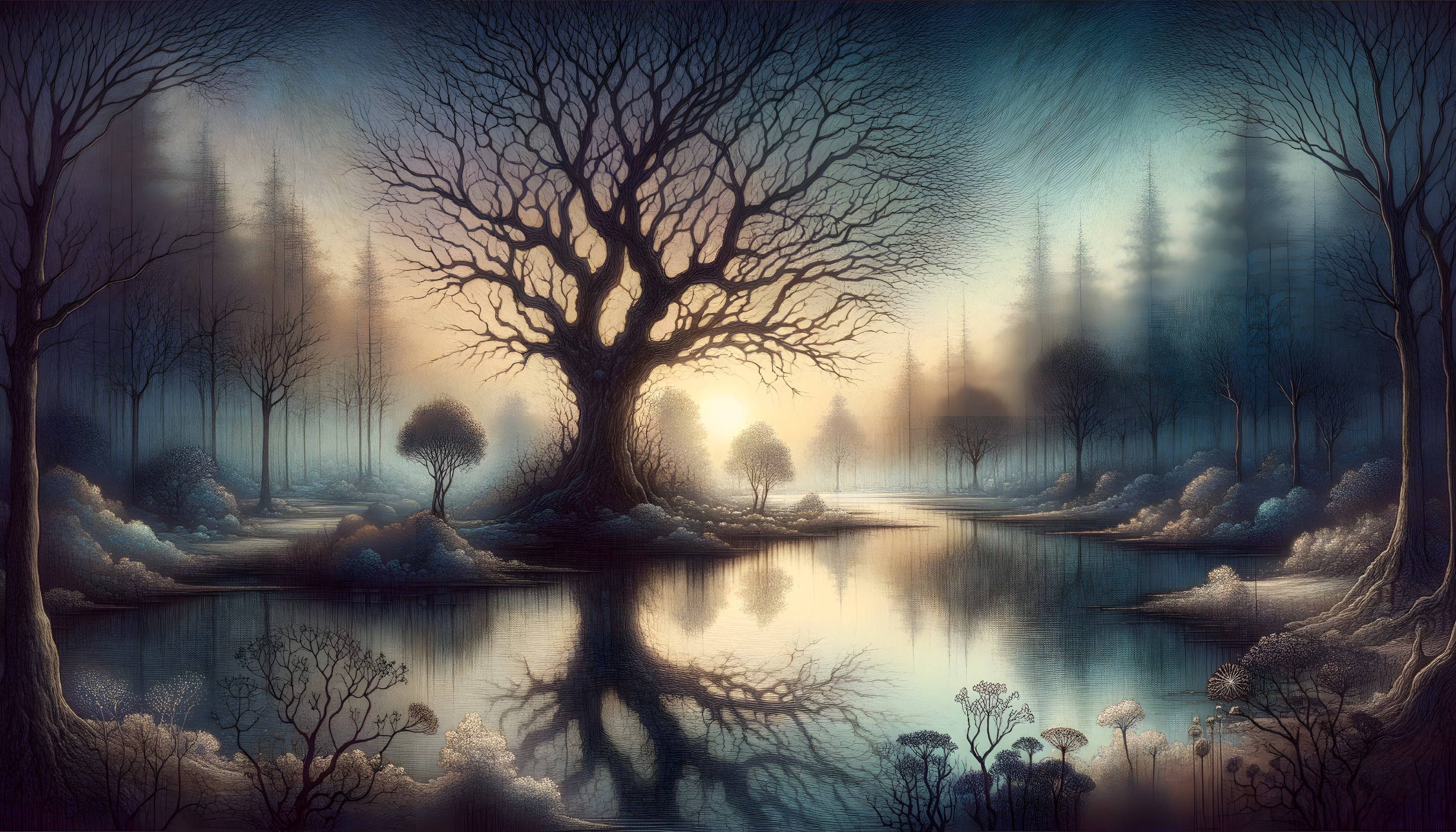 Mystical Landscape with Gnarled Tree and River