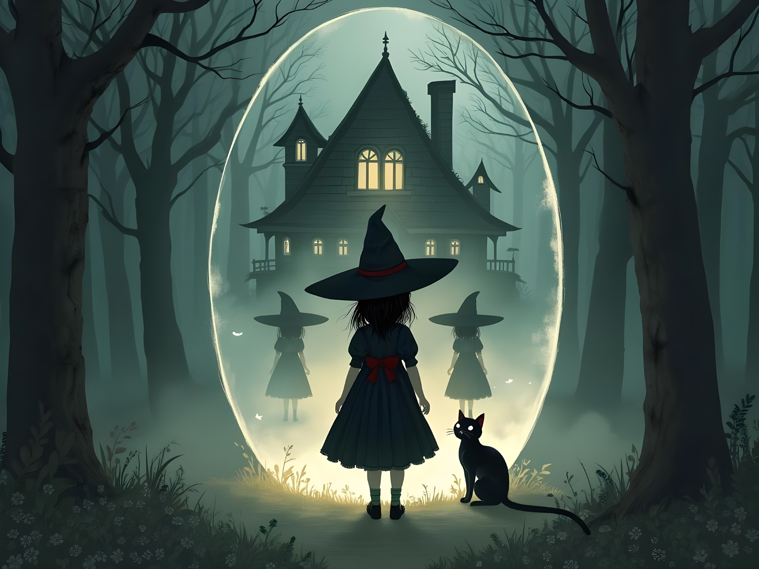 Girl in Dark Dress by Enchanted Portal in Forest