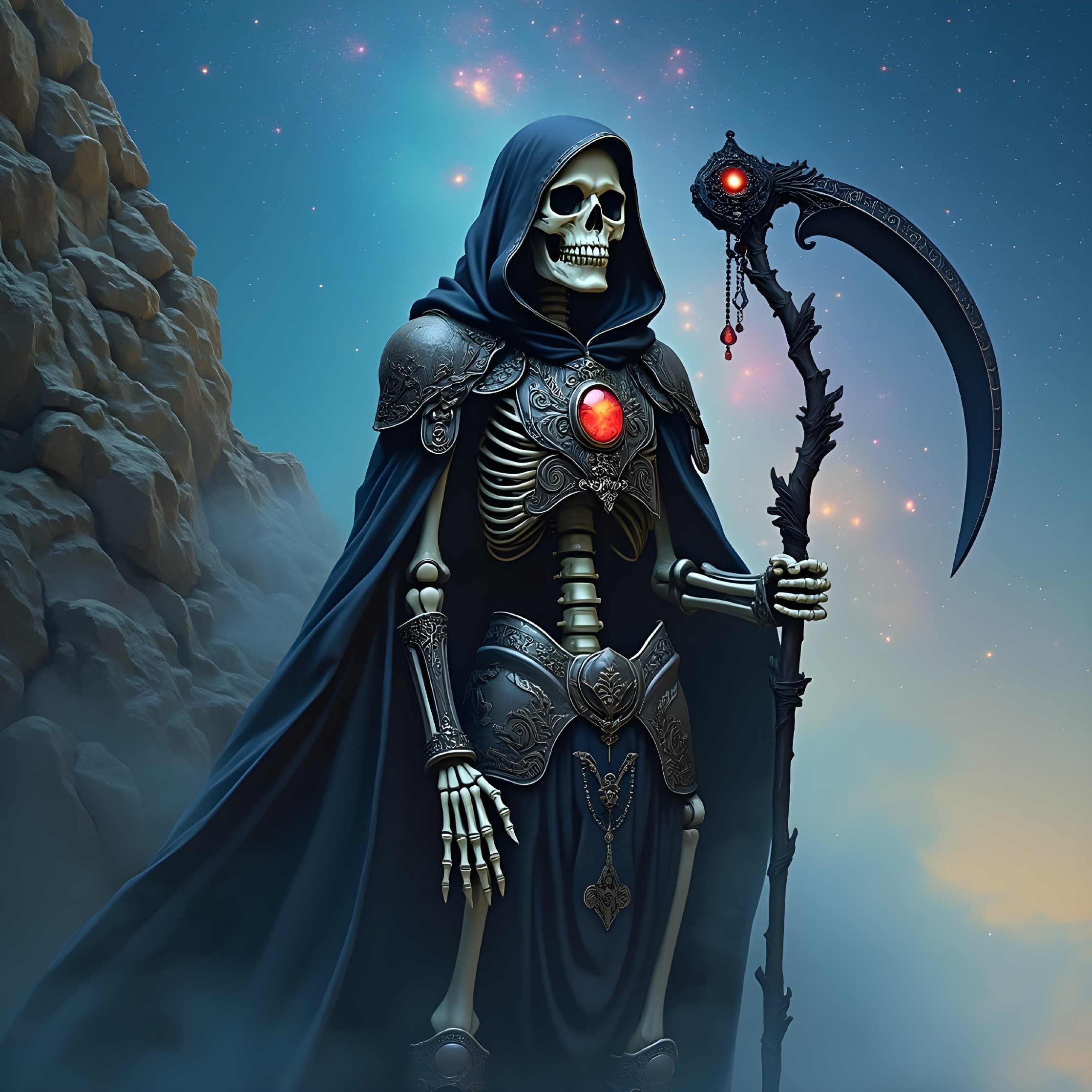 Skeletal Figure in Cloak with Scythe Against Cosmos