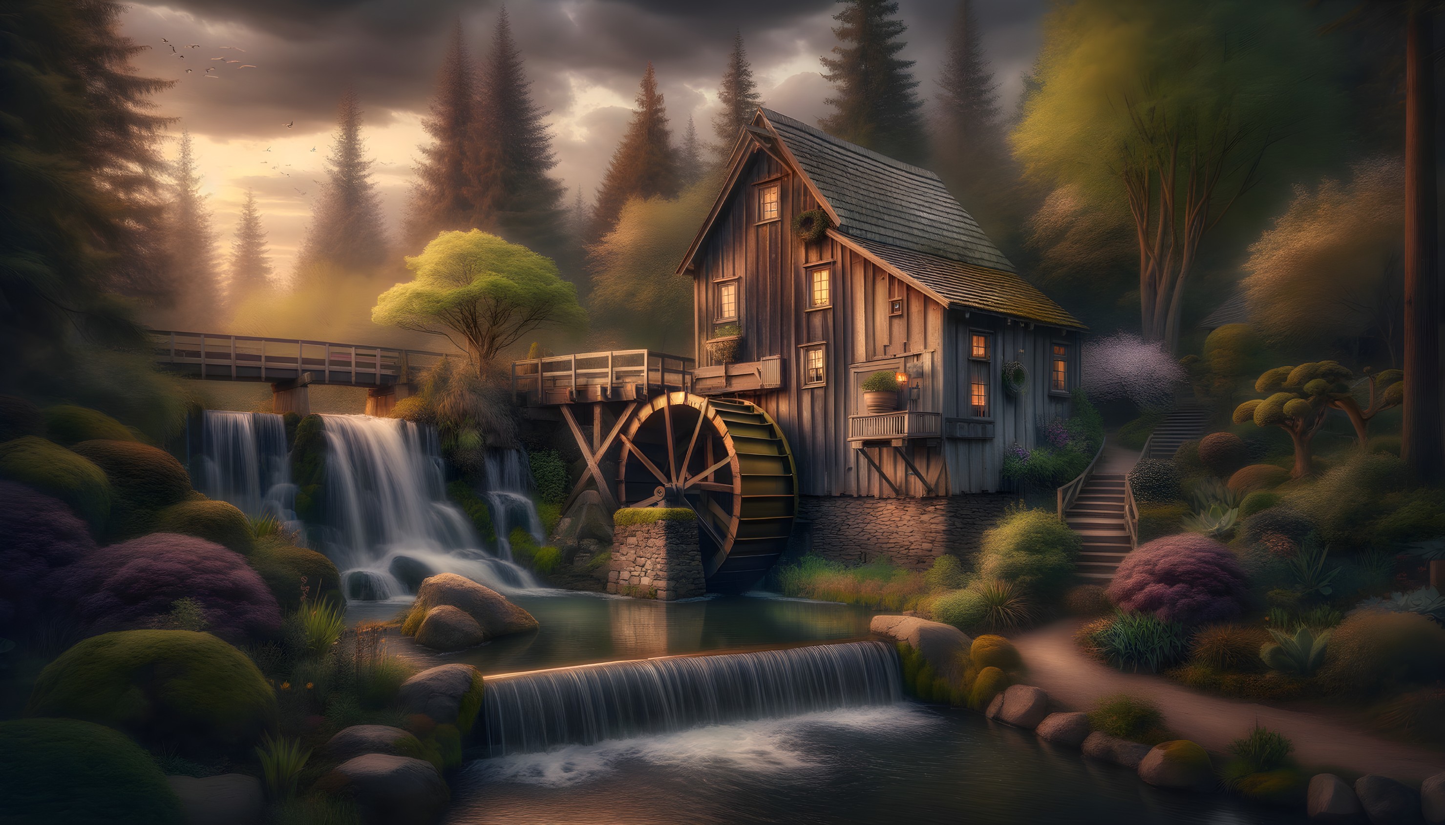 Cozy Wooden Mill by Serene Waterfall and Lush Greenery