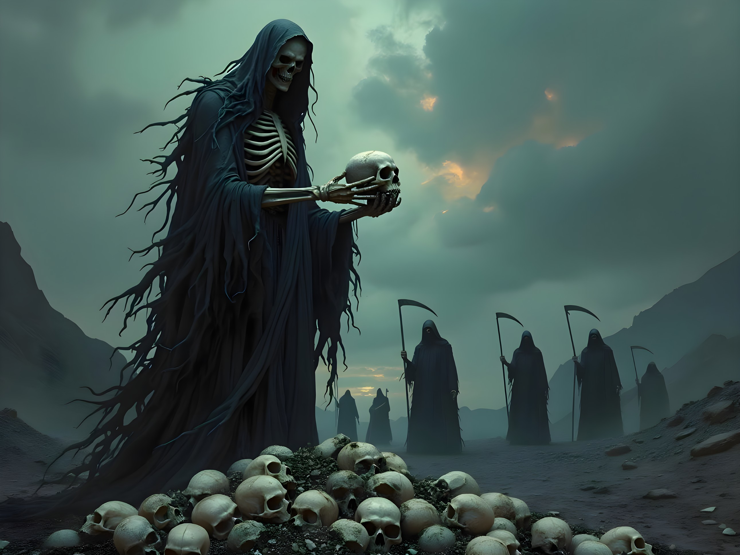 Eerie Landscape with Skeletal Figure and Reapers