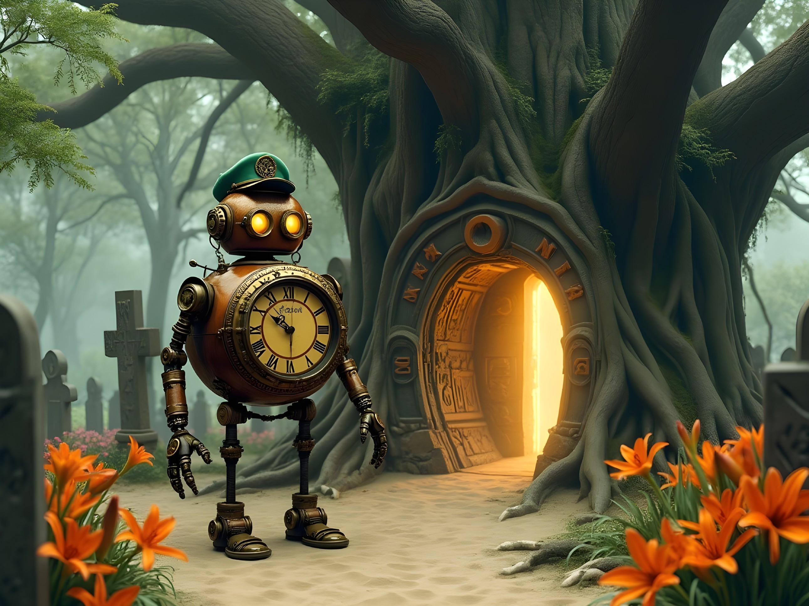 Steampunk Robot and Ancient Tree in Magical Forest