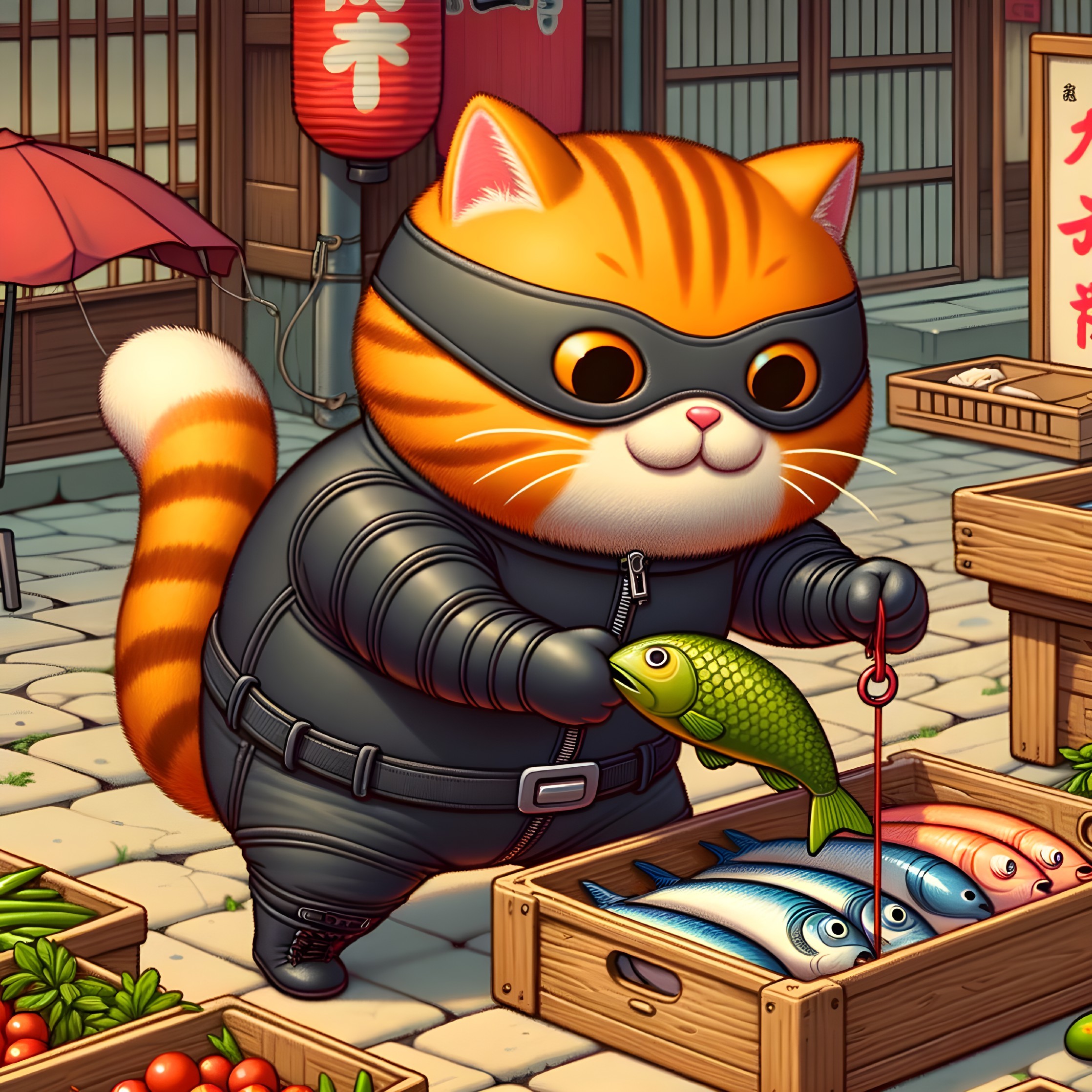 Ninja Cat Selects Fish in Colorful Market Setting