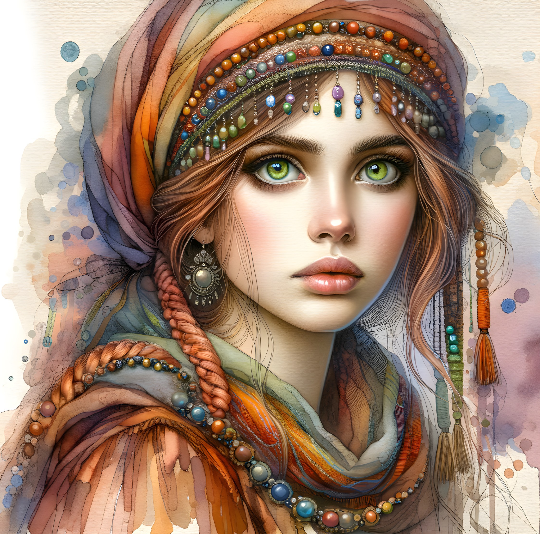Young Woman in Colorful Headscarf and Jewelry