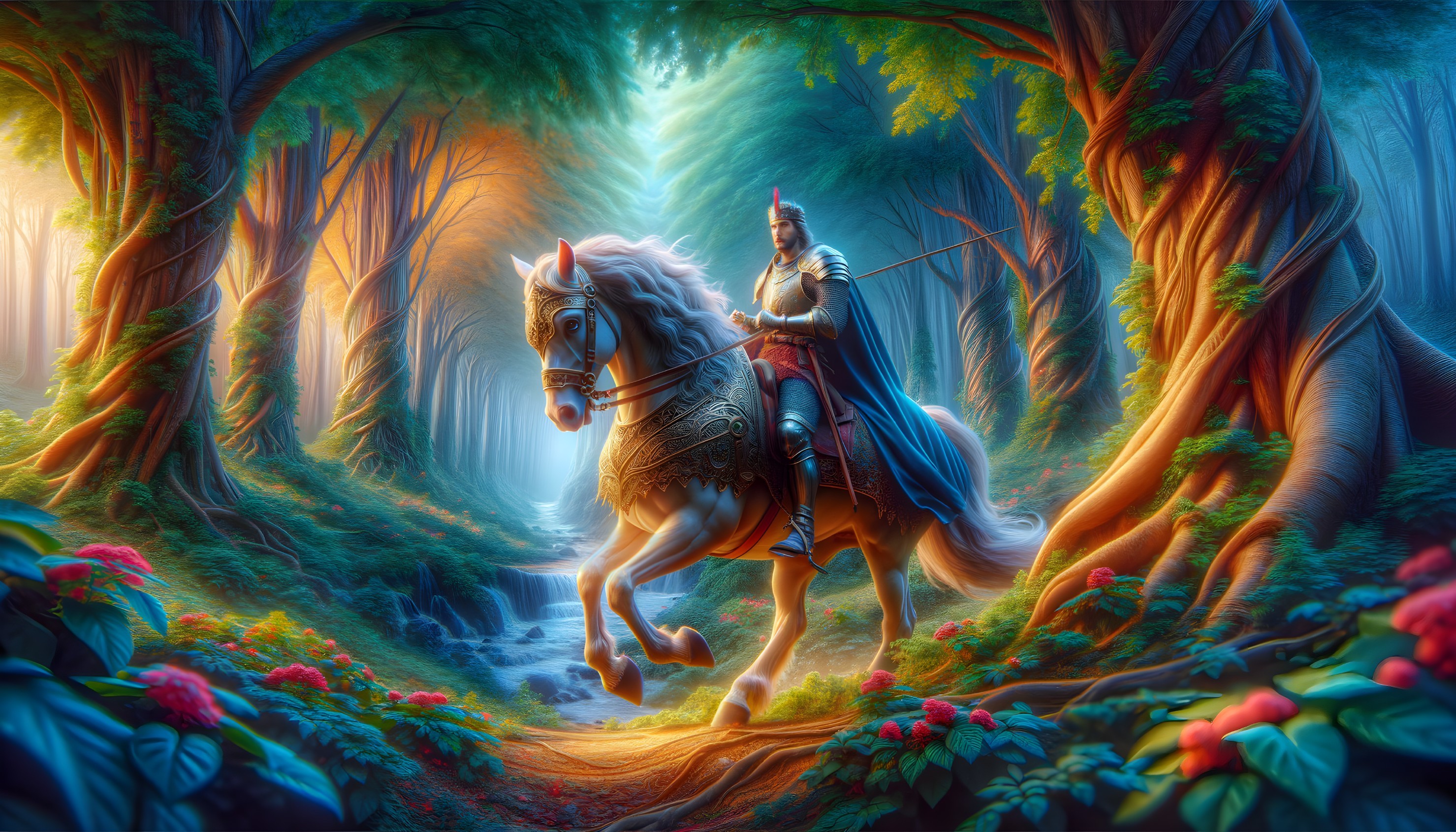 Knight on white horse in enchanted forest with waterfalls