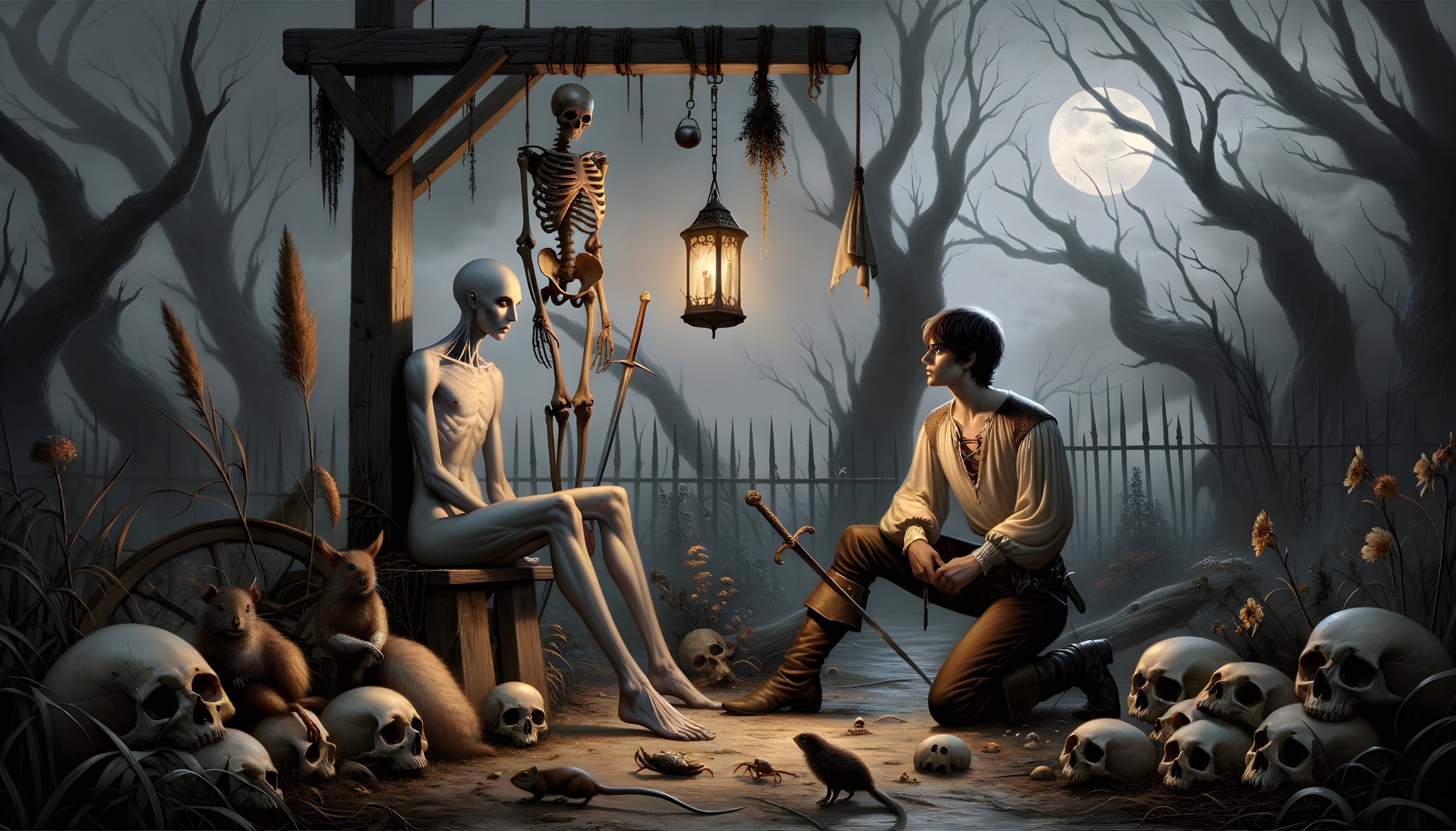 Mysterious Figure Interacts with Skeleton in Moonlight