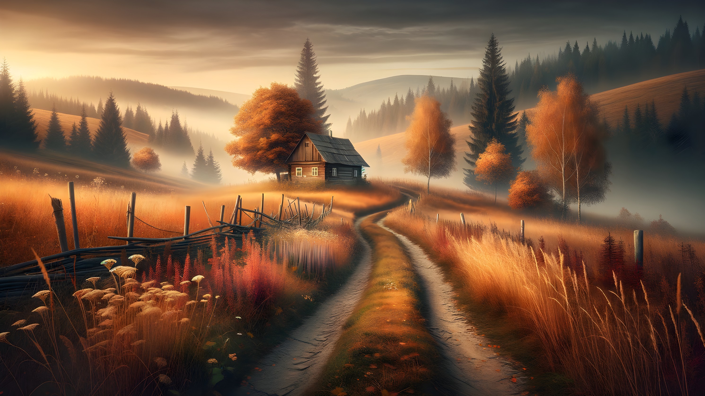 Rustic House Surrounded by Autumn Landscape and Mountains