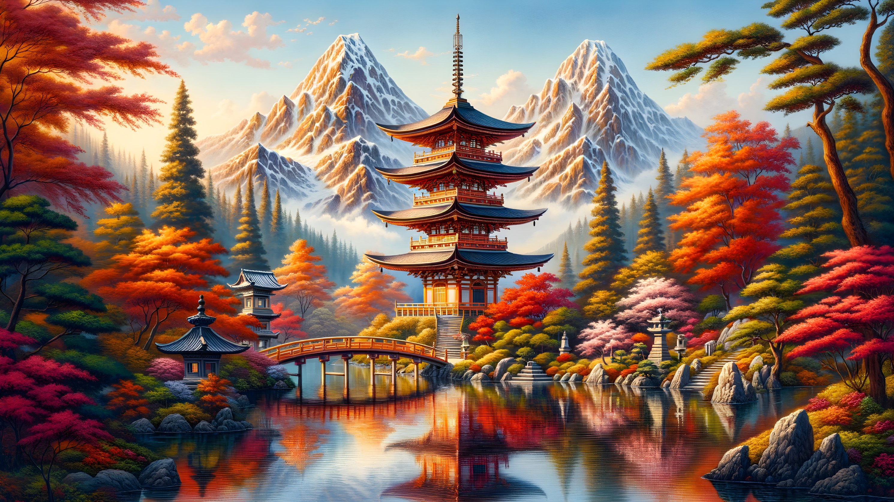 Serene Landscape with Pagoda and Autumn Foliage