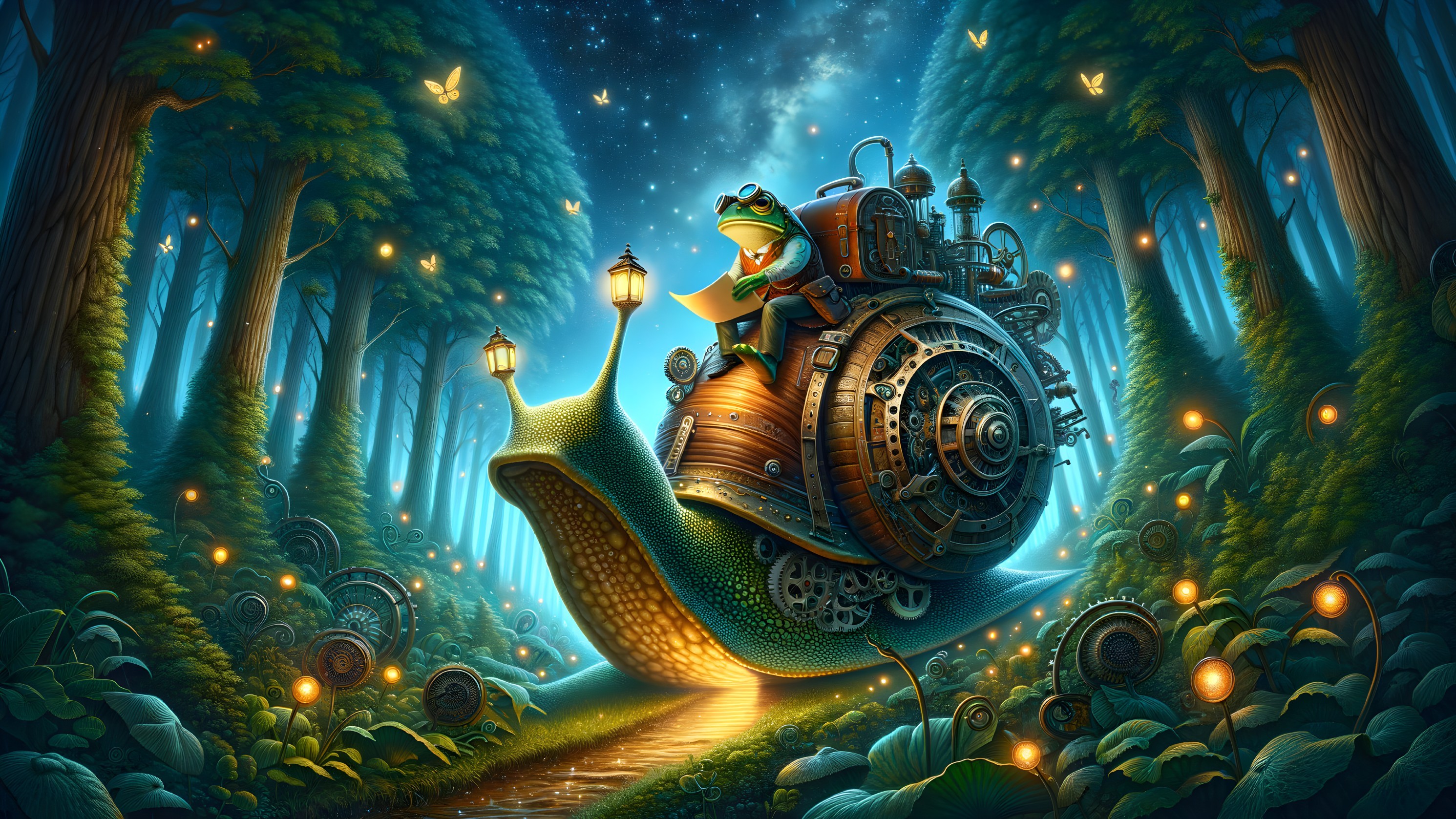 Whimsical Forest with Mechanized Snail and Explorer
