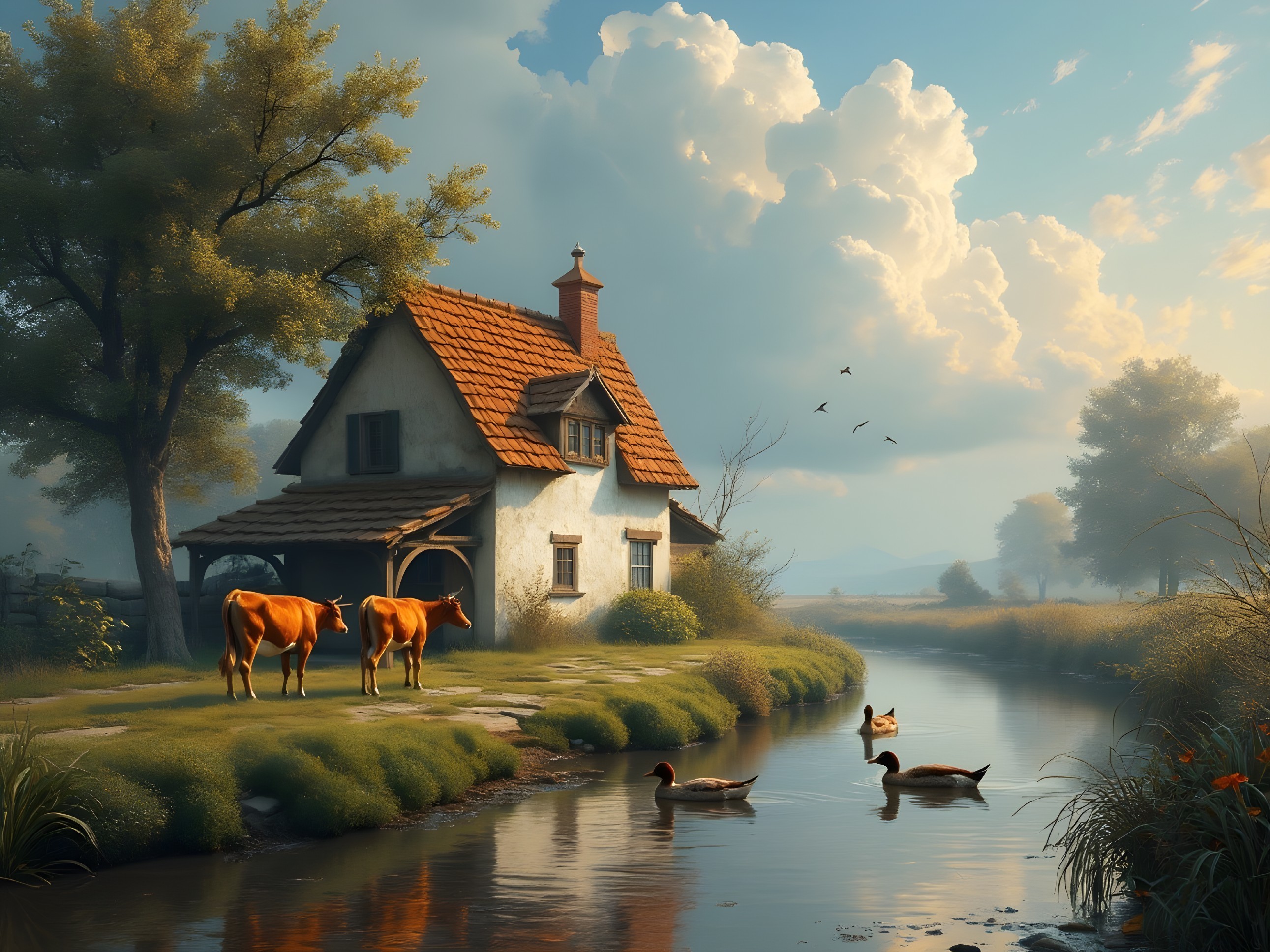 Quaint Cottage by River in Serene Rural Landscape