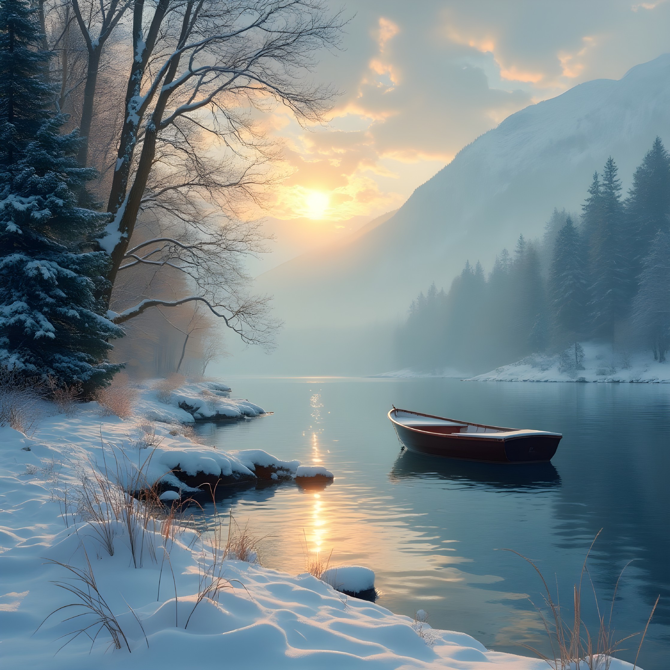 Tranquil Winter Scene with Boat on Misty Lake