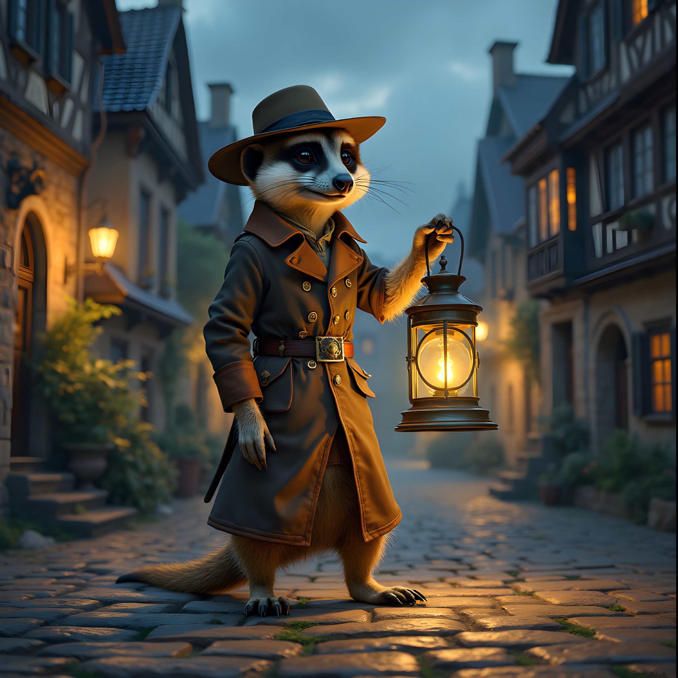 Charming Meerkat in Trench Coat on Cobblestone Street
