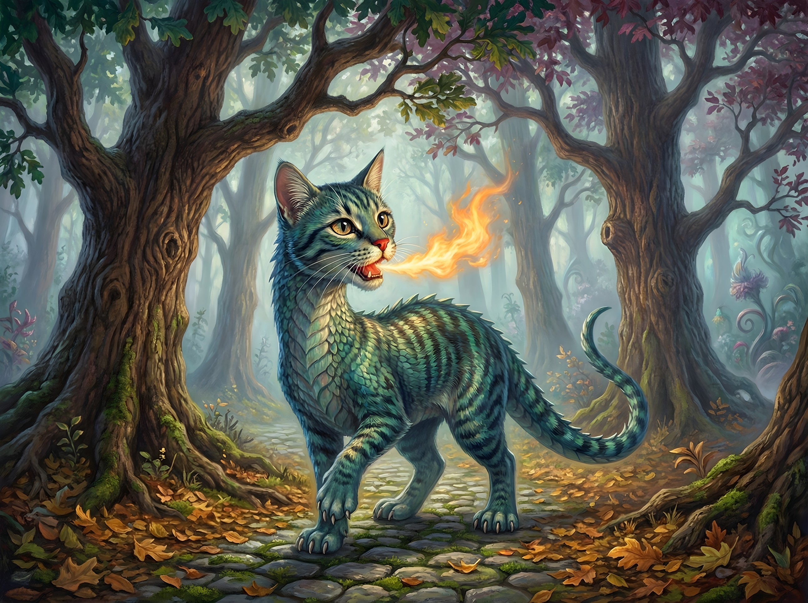 Dragon-Cat Hybrid in Enchanted Forest Setting