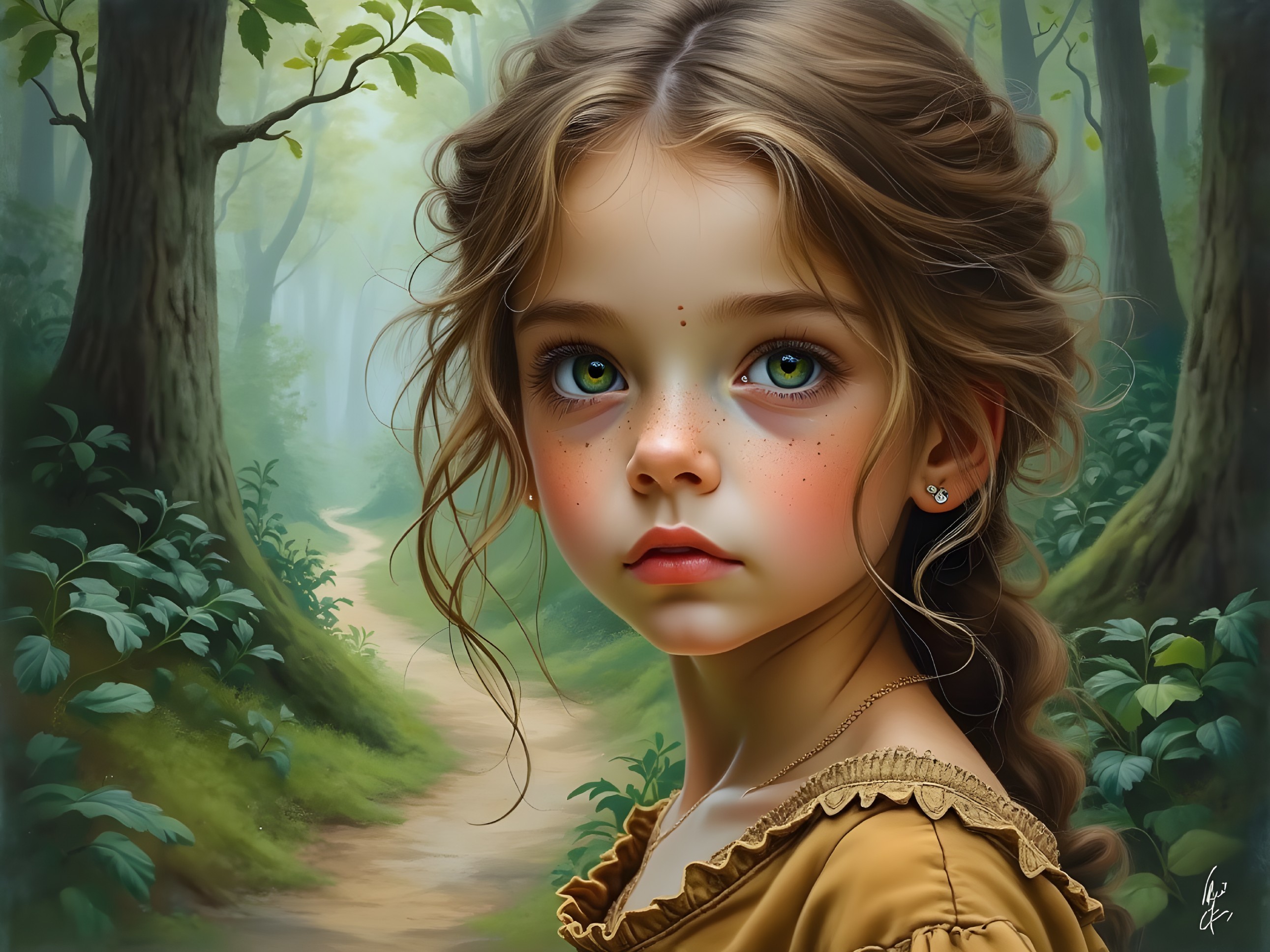 Young girl in earthy dress in a lush green forest