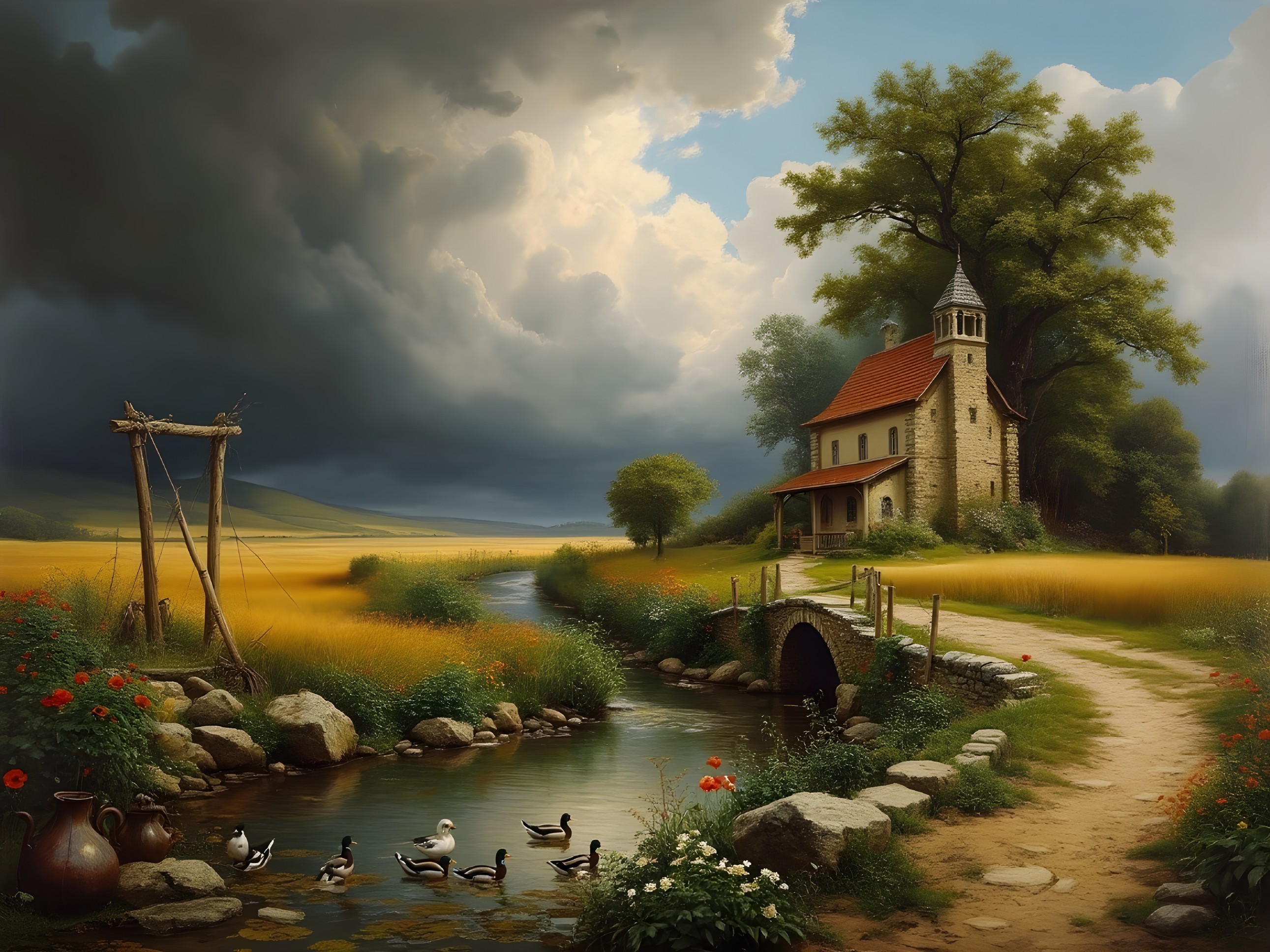 Serene countryside scene with stone church and stream