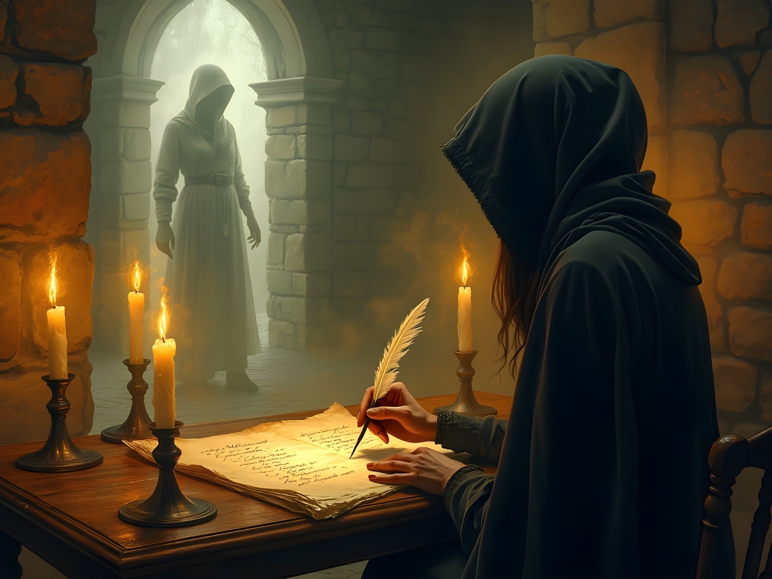Cloaked Figures in a Dimly Lit Medieval Chamber
