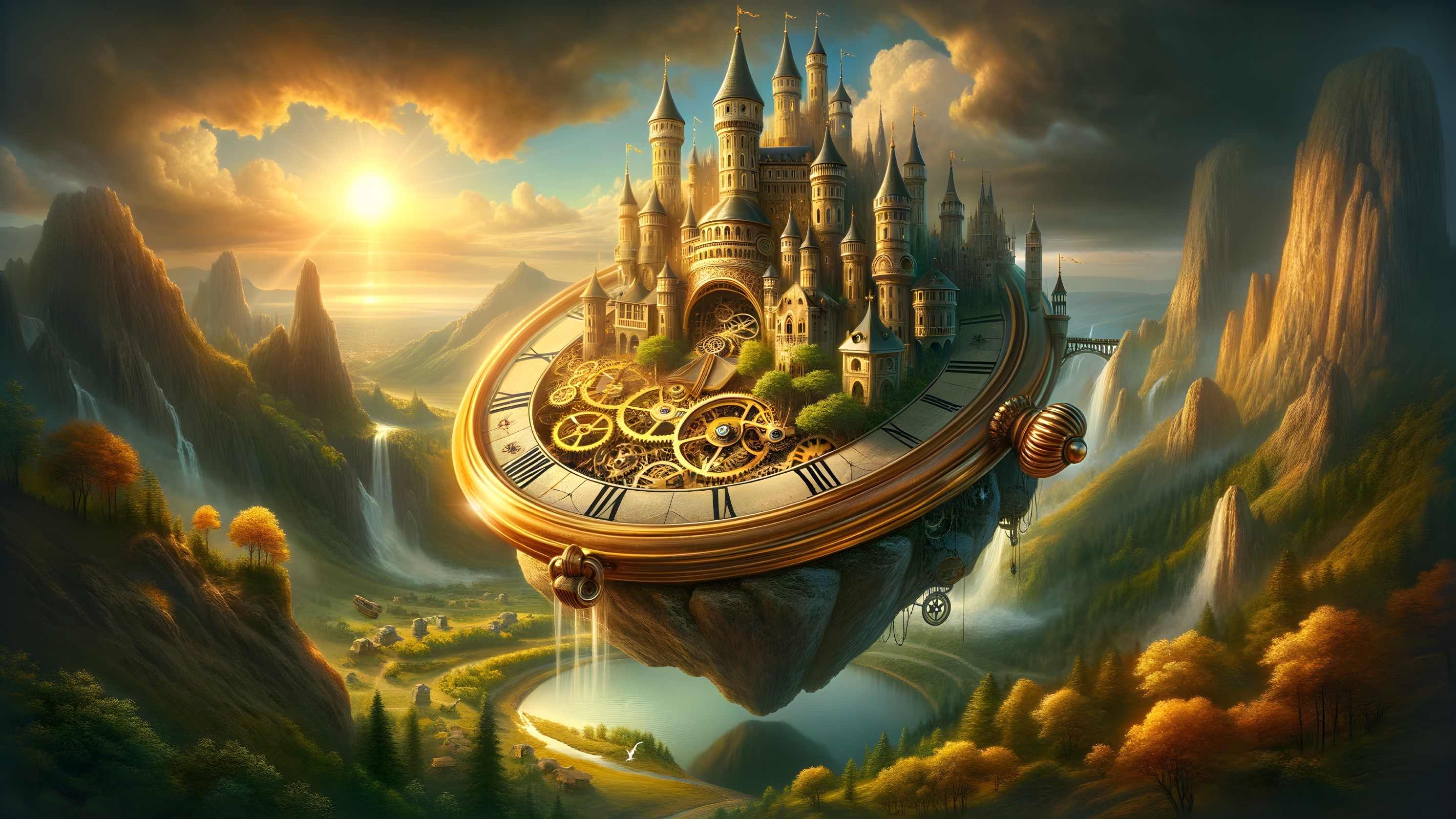 Majestic Castle on a Golden Clock in a Fantasy Landscape