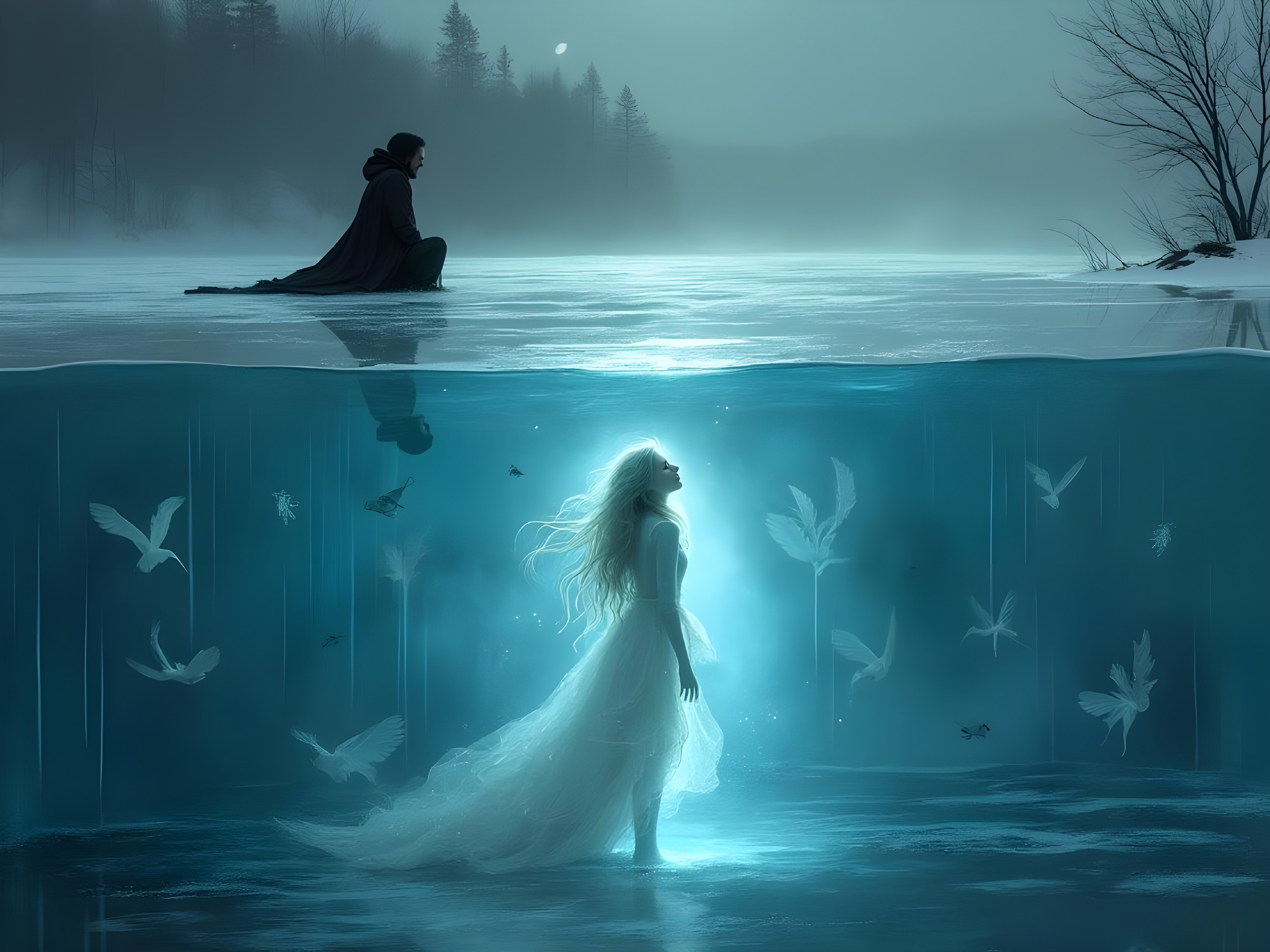 Cloaked Figure Observes Mystical Underwater Scene