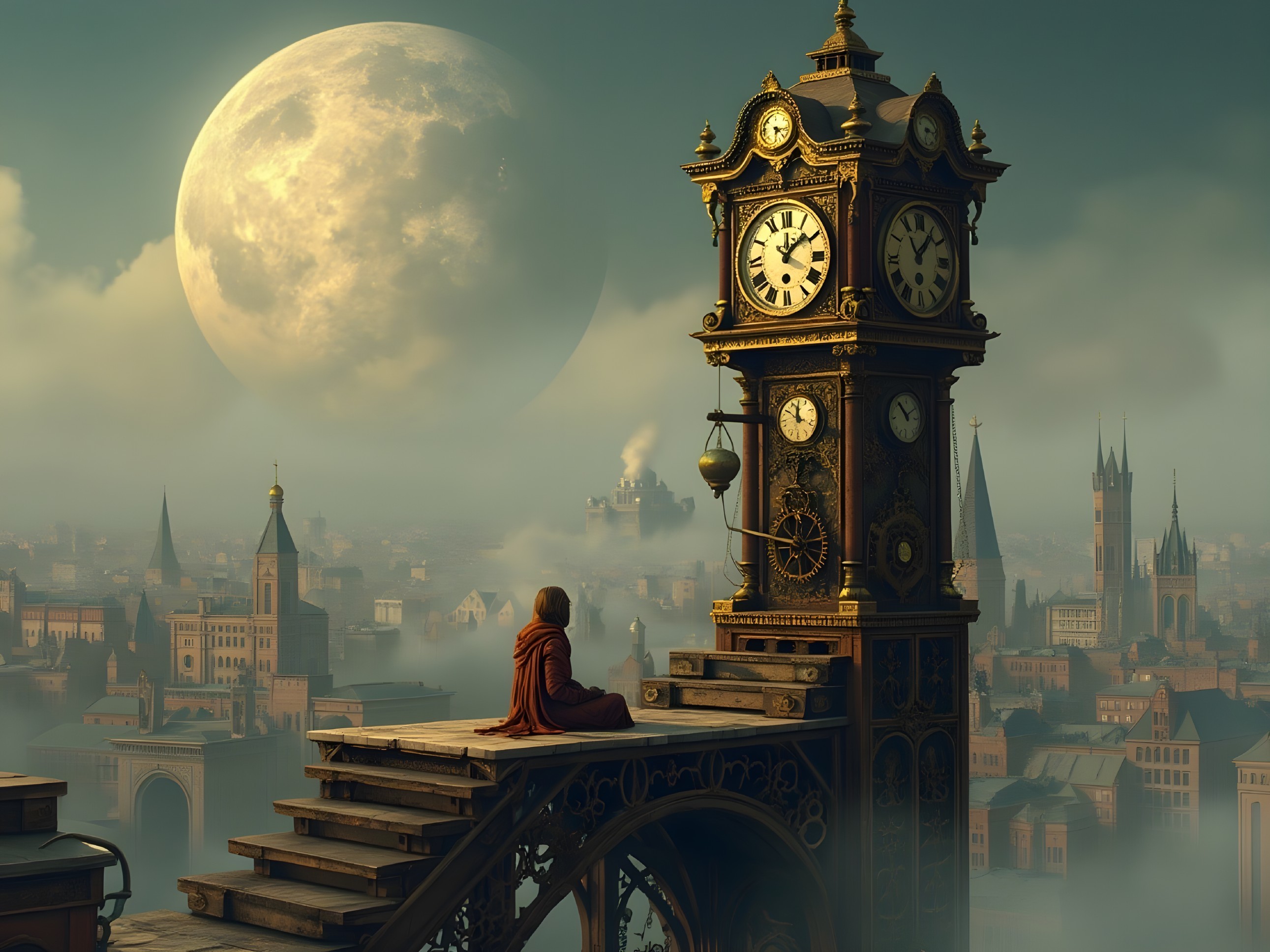 Mystical cityscape with clock tower under moonlight