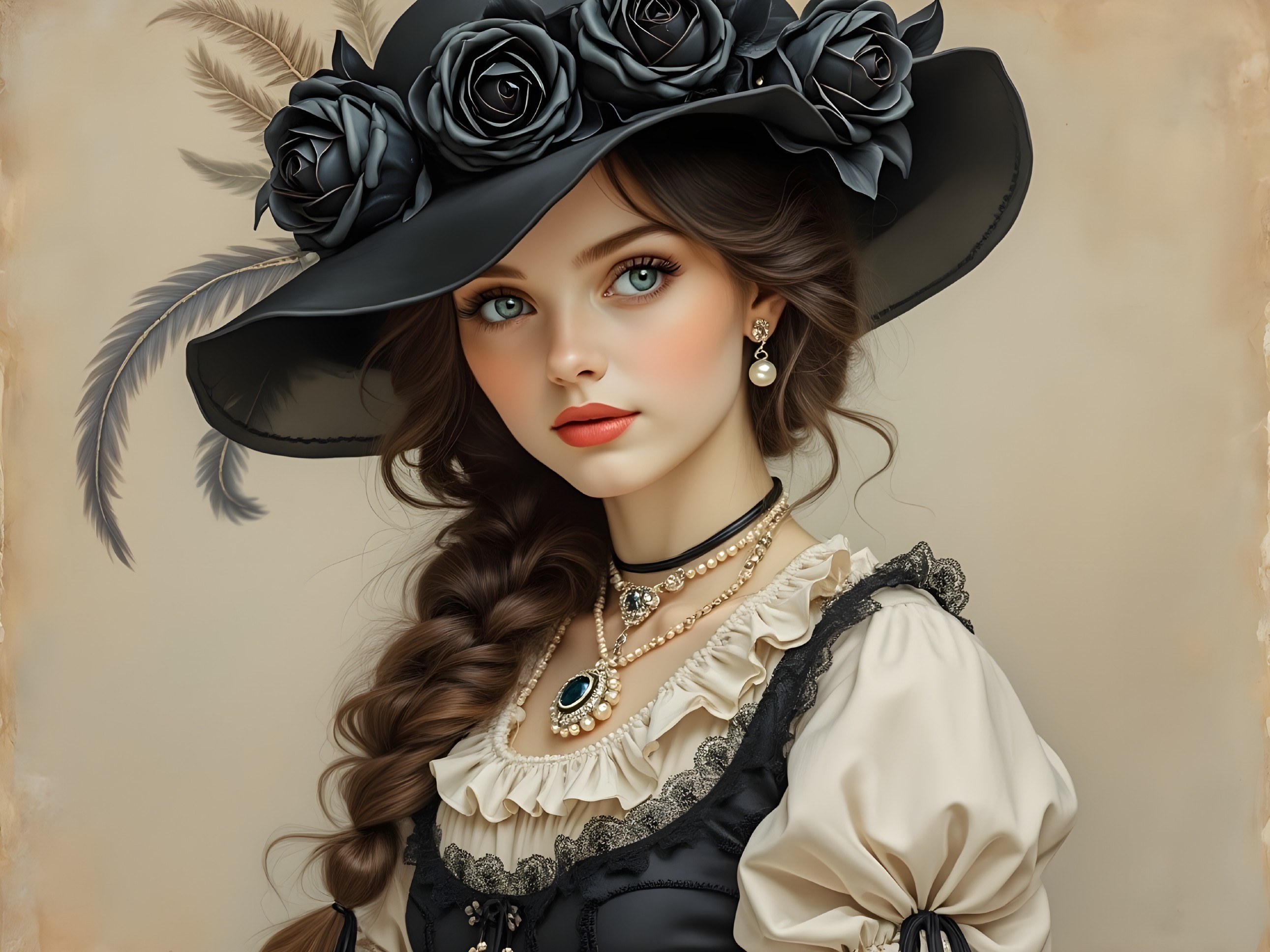 Elegant Young Woman in Vintage Outfit with Hat and Jewelry