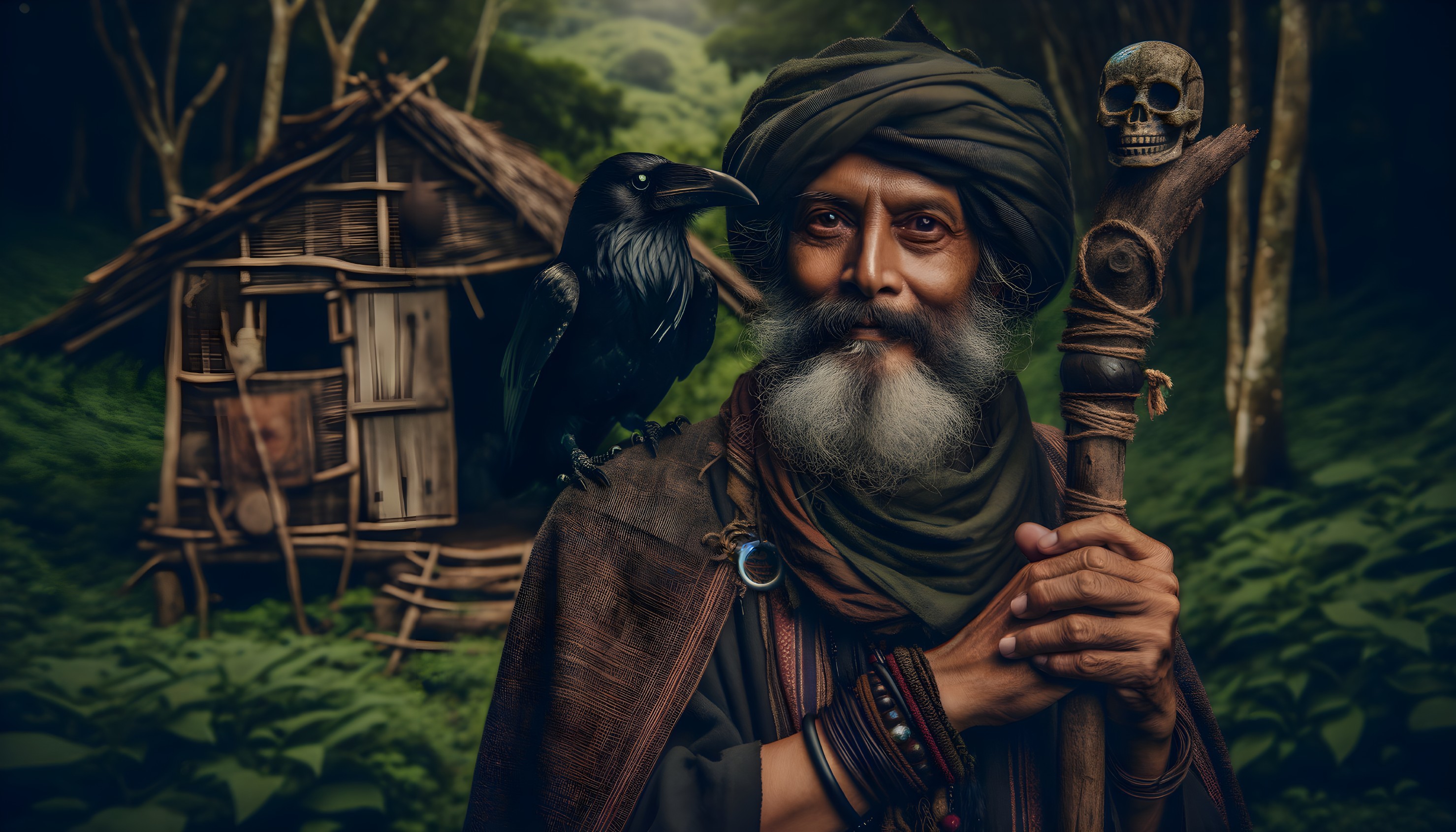 Elderly bearded man with turban in forest with raven and hut