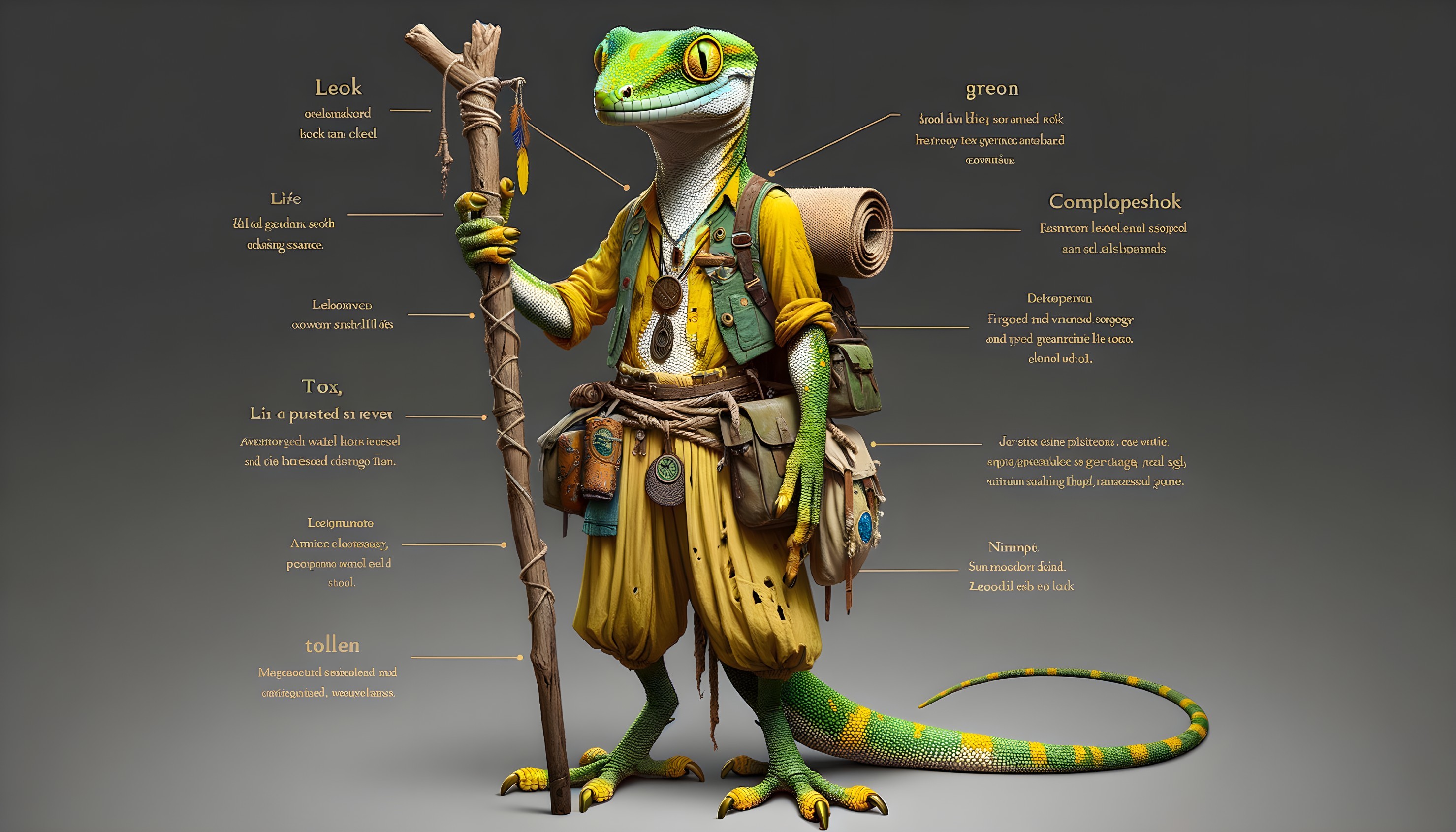 Anthropomorphic lizard character in colorful attire