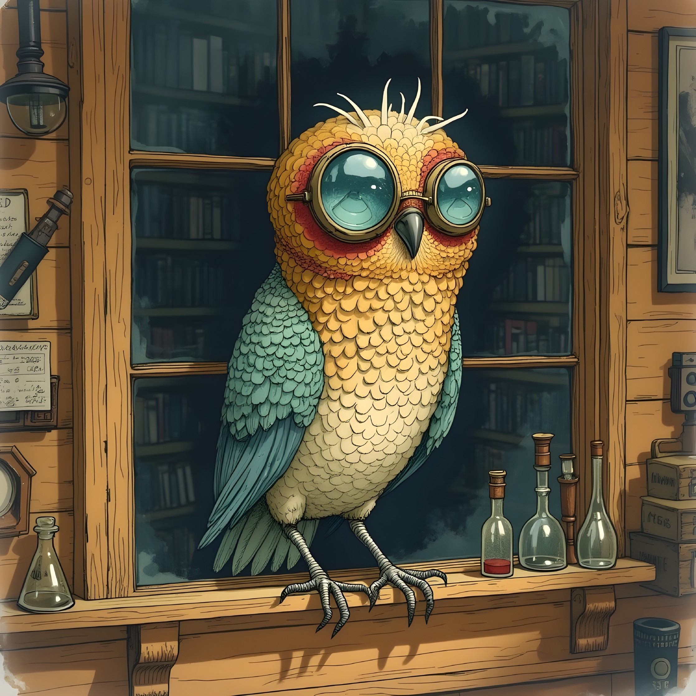 Whimsical Bird with Glasses in Cozy Library Setting