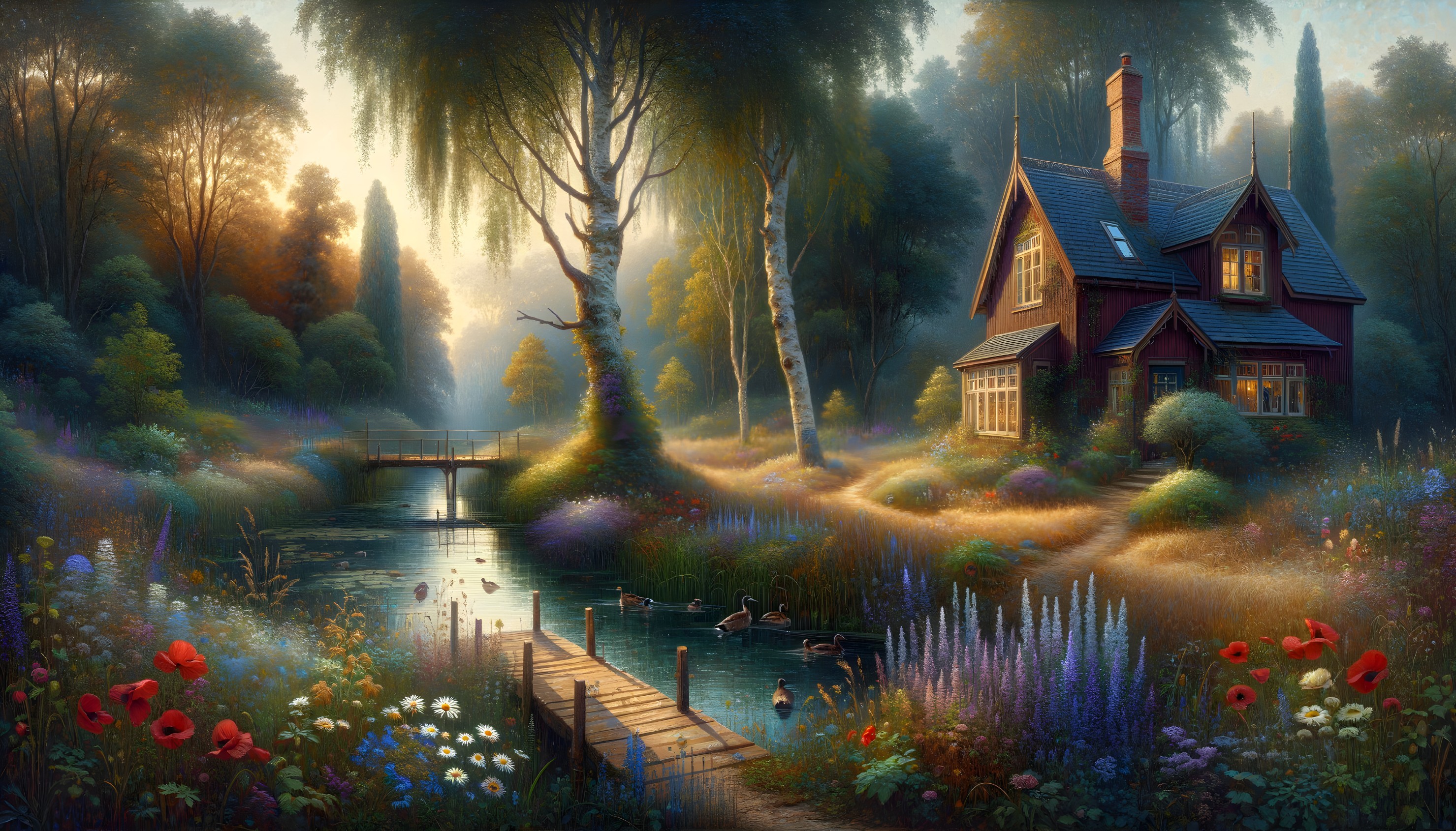 Serene Landscape with Red Cottage and Tranquil Pond