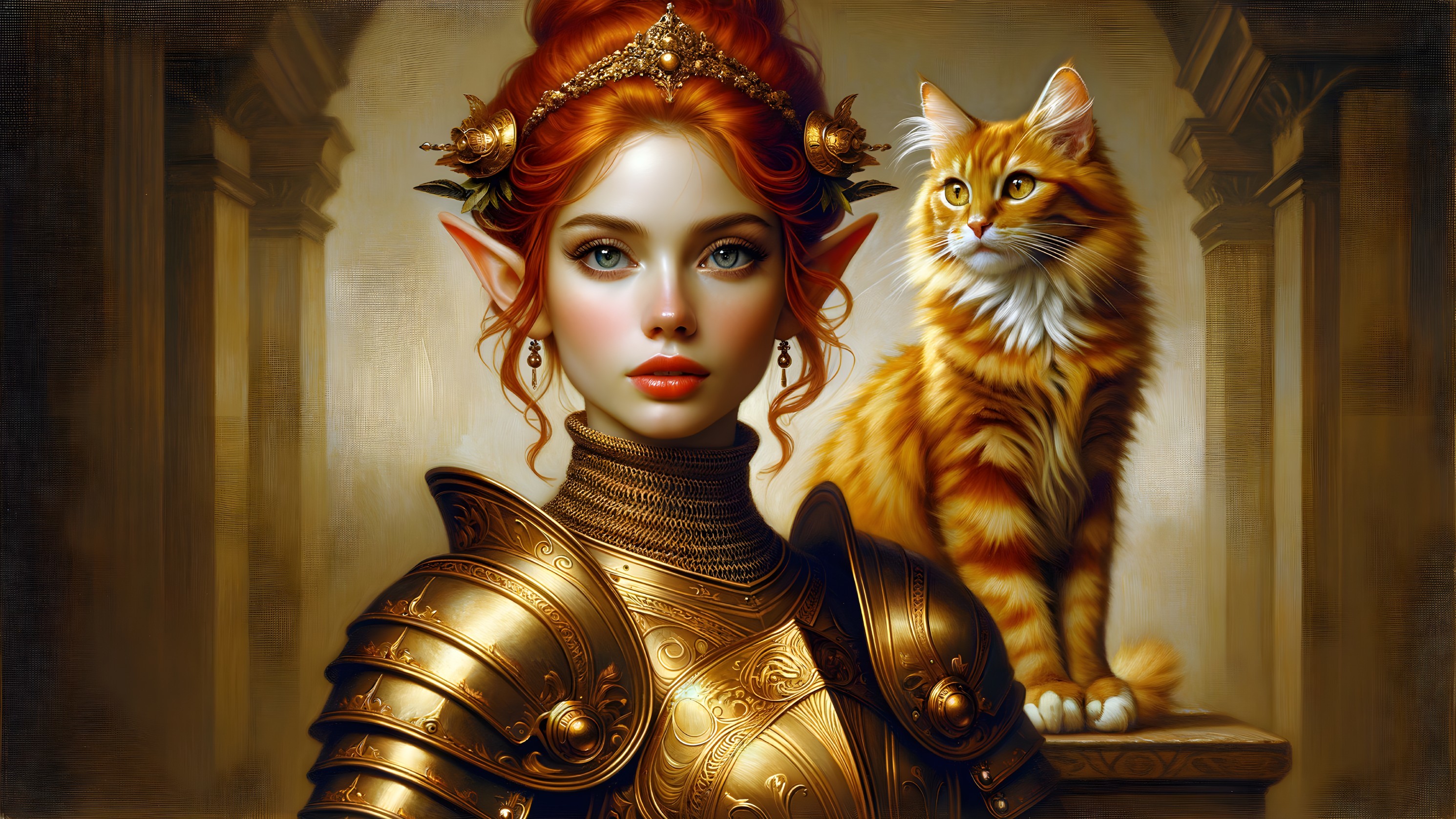 Elf Warrior with Red Hair and Golden Armor in Fantasy Setting