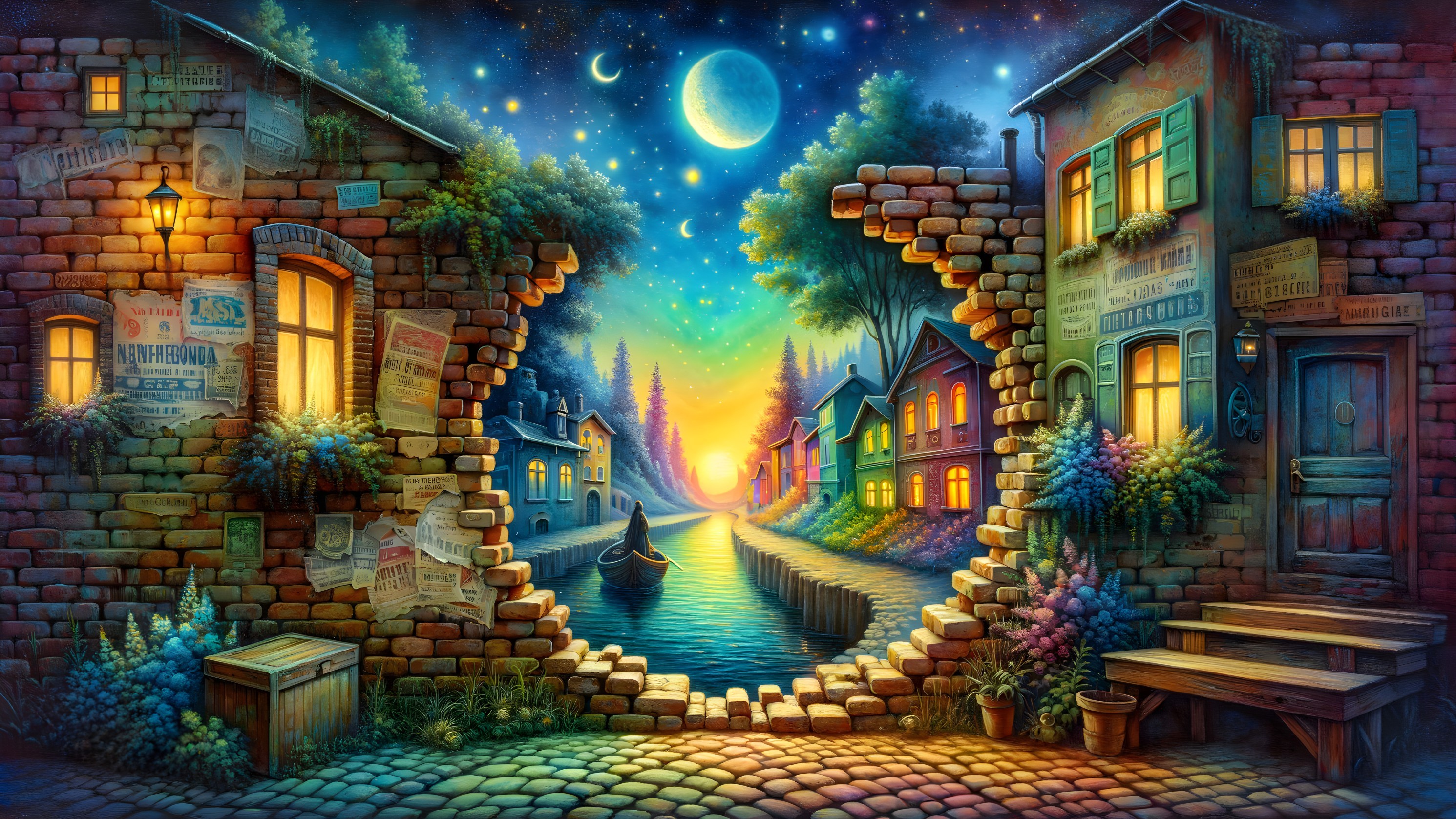 Dreamlike Canal Scene with Charming Houses and Stars