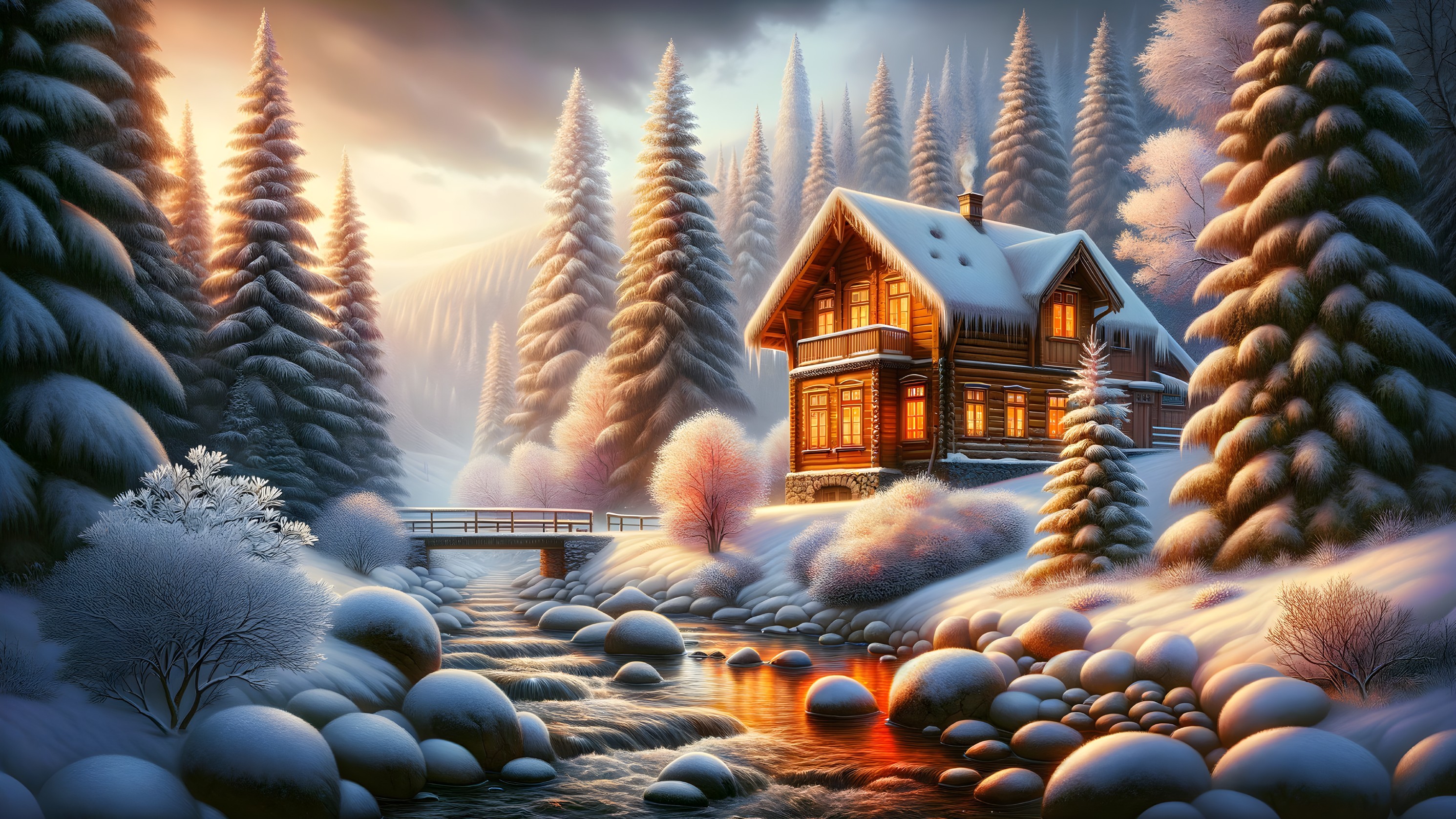 Cozy Wooden Cabin in a Snowy Winter Landscape