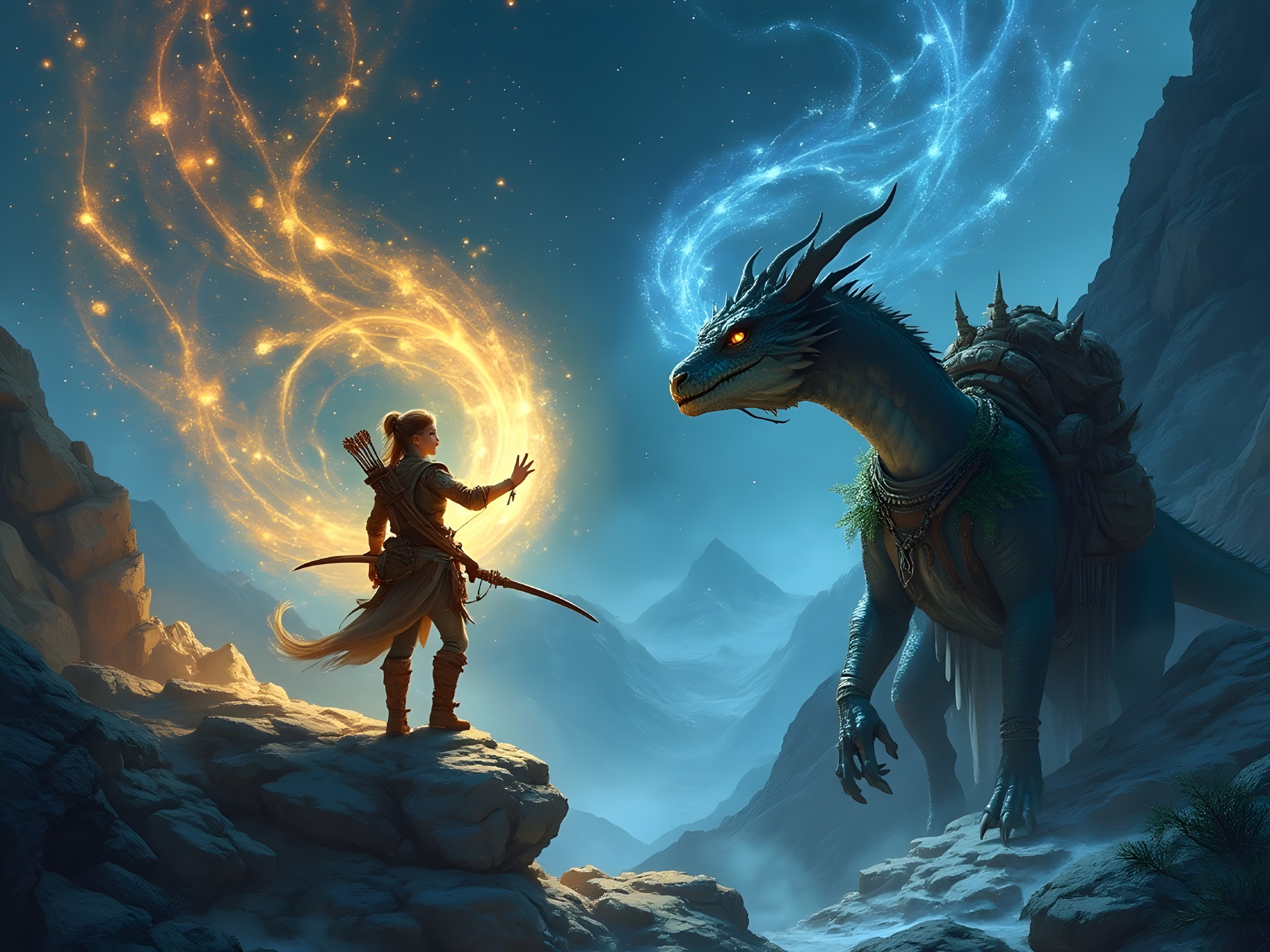 Archer Confronts Majestic Dragon in Mystical Landscape