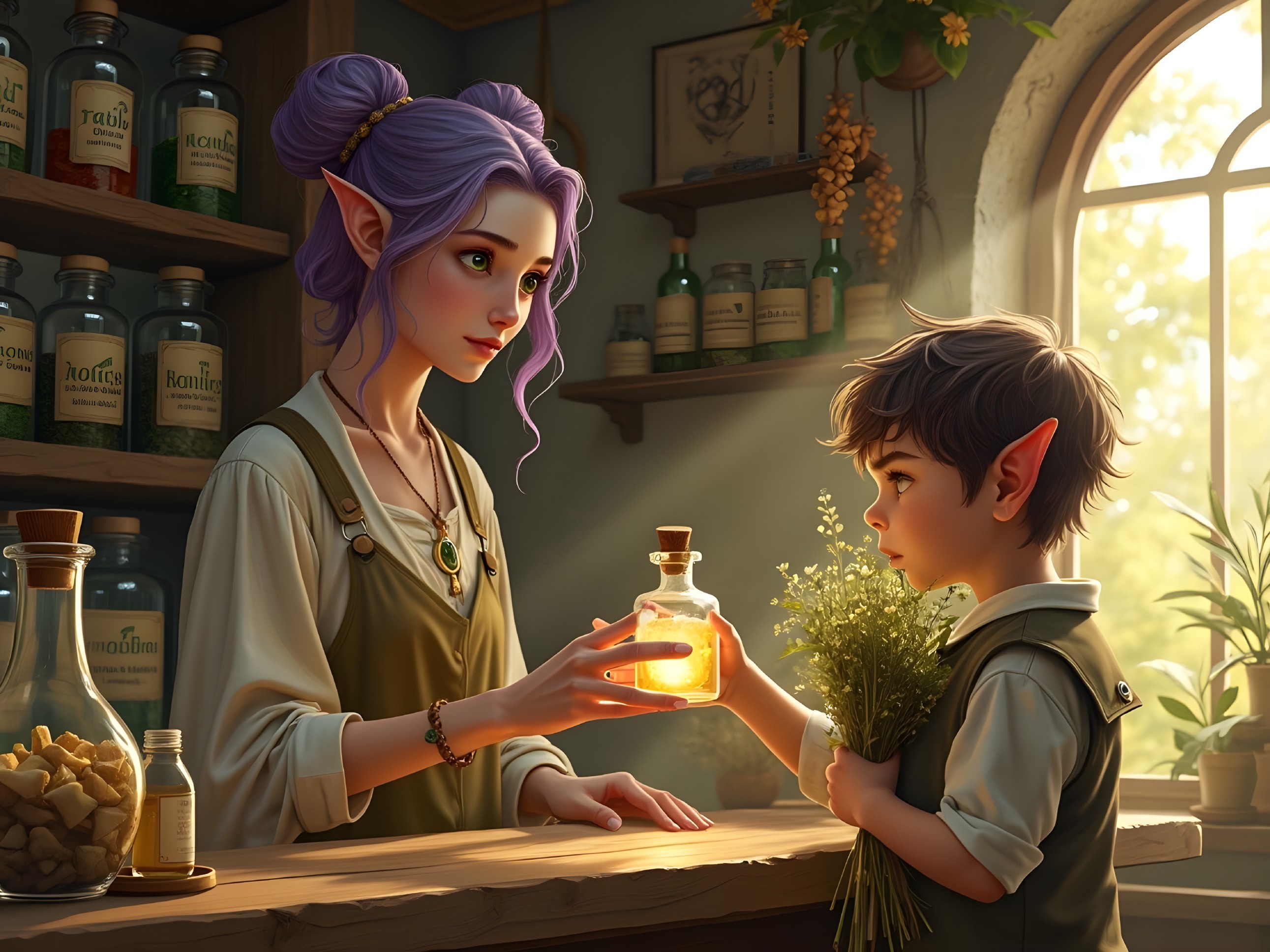 Cozy Apothecary Scene with Elf Woman and Boy