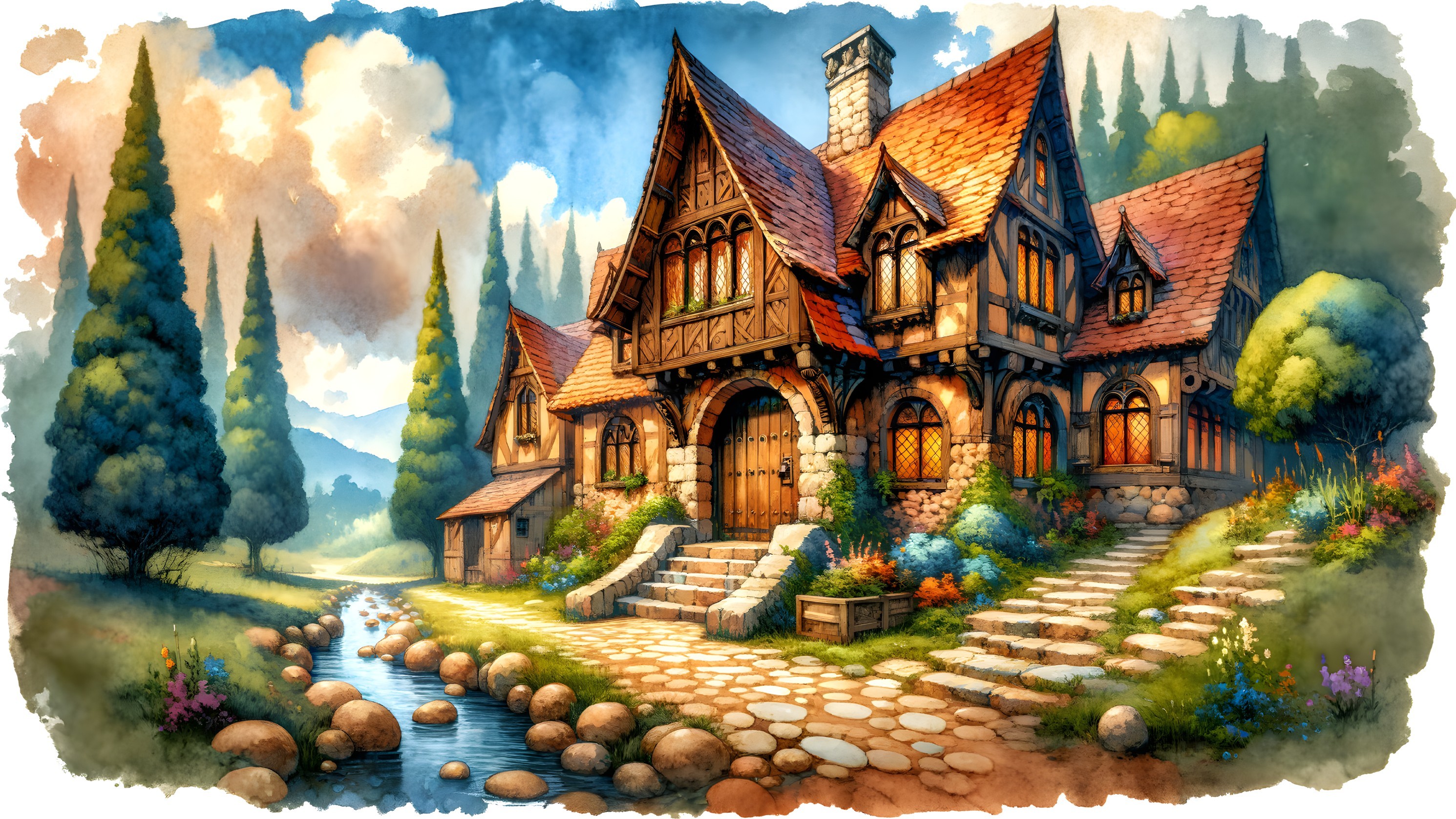 Fairy-tale cottage in a lush landscape with details