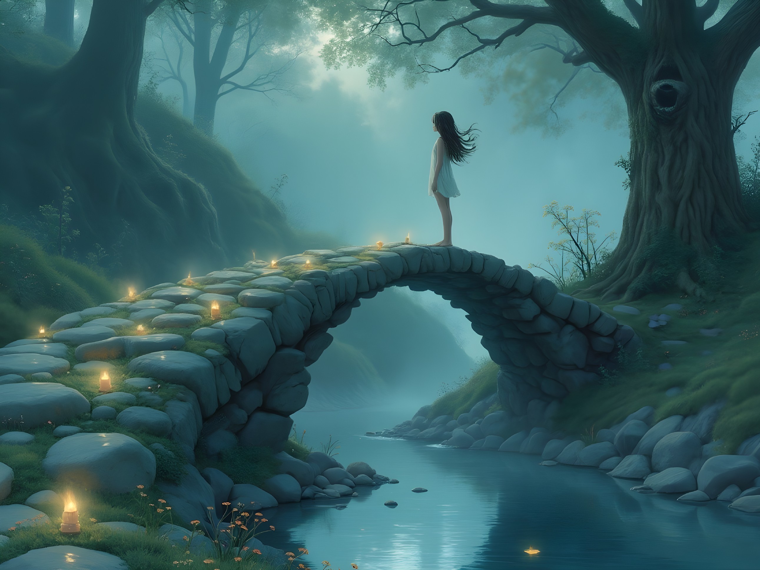 Serene landscape with girl on stone bridge at dusk