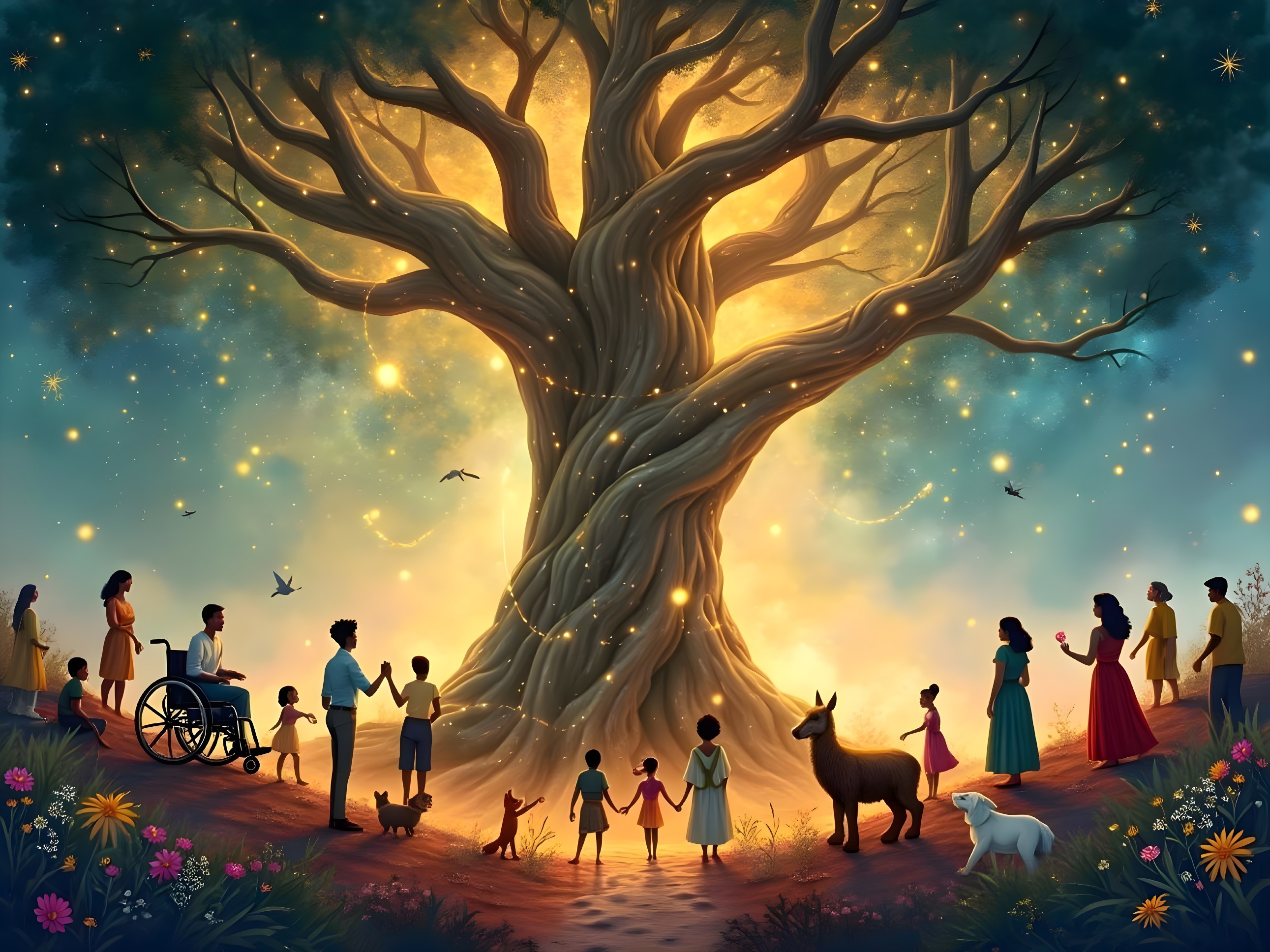 Glowing Tree Surrounded by People and Animals in Harmony