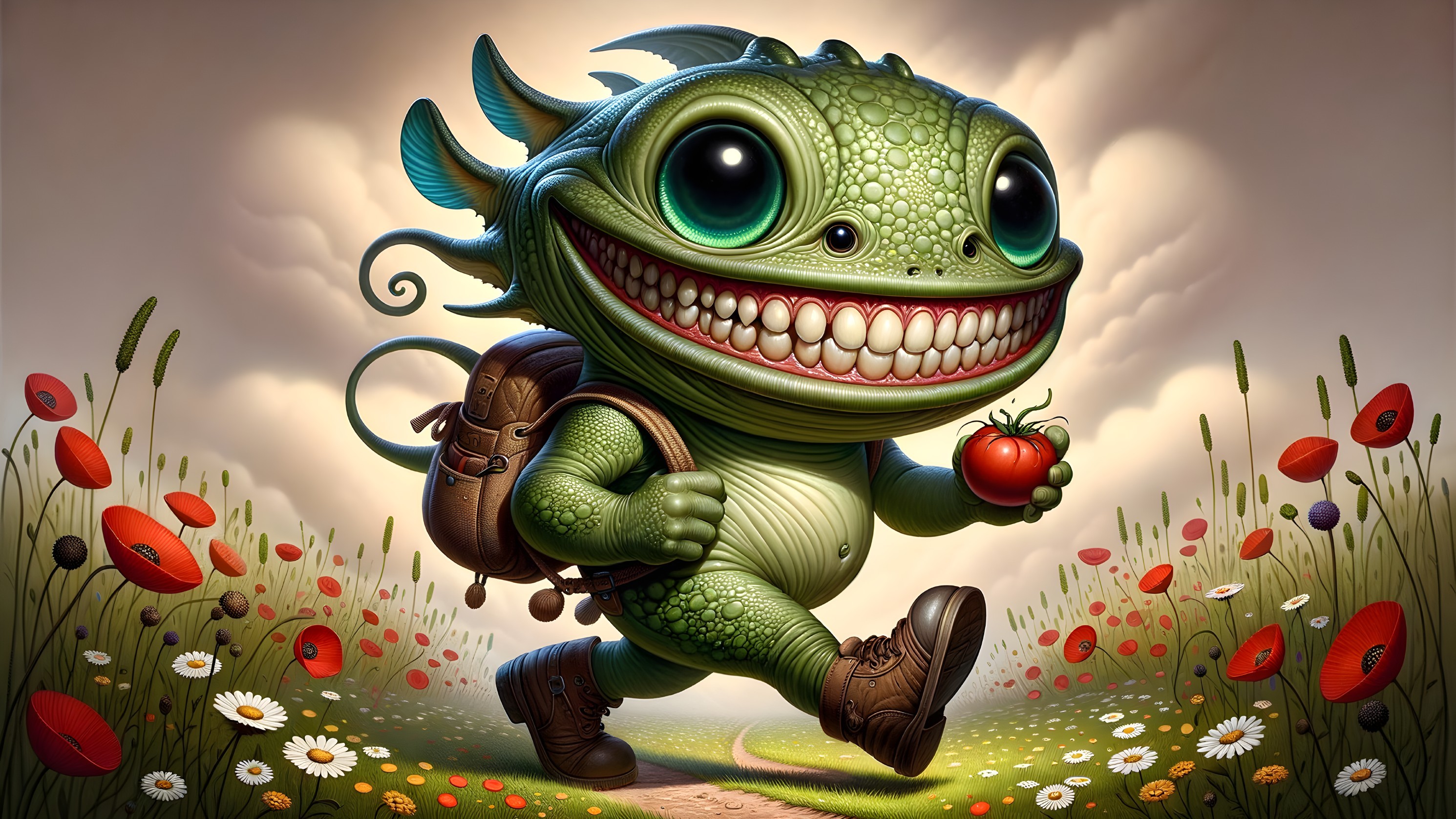 Cartoonish Lizard Creature on a Sunny Path with Flowers