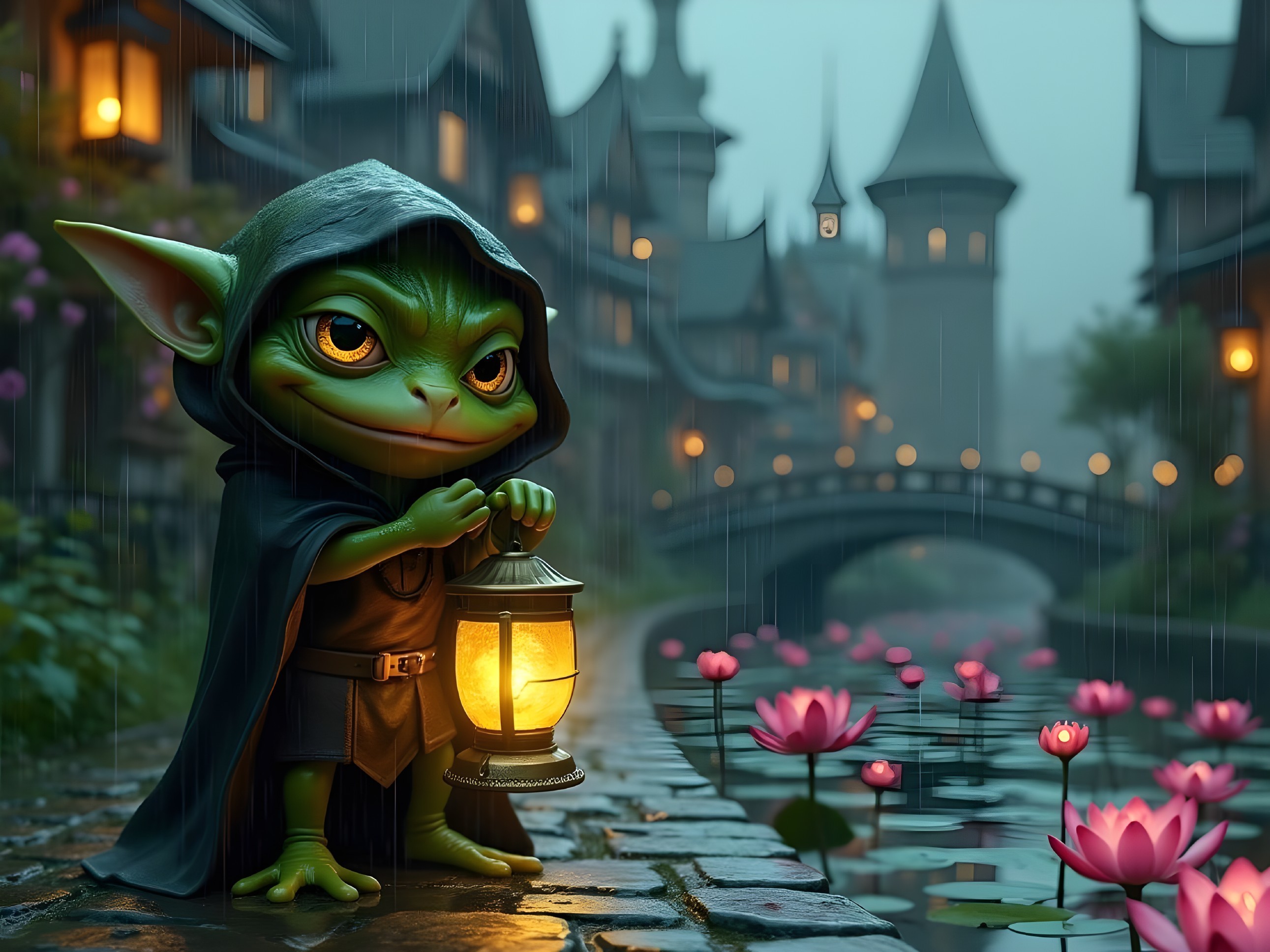 Misty Village Scene with Green Creature and Lantern