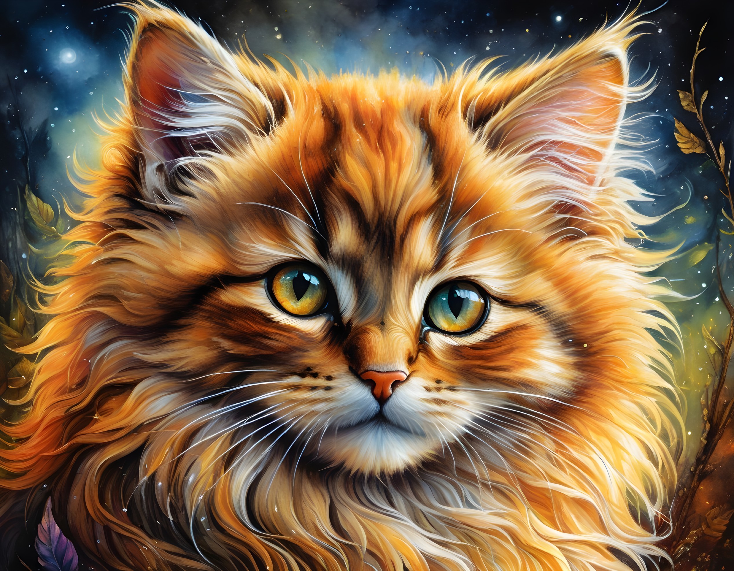 Fluffy Orange Cat with Green Eyes in Mystical Setting